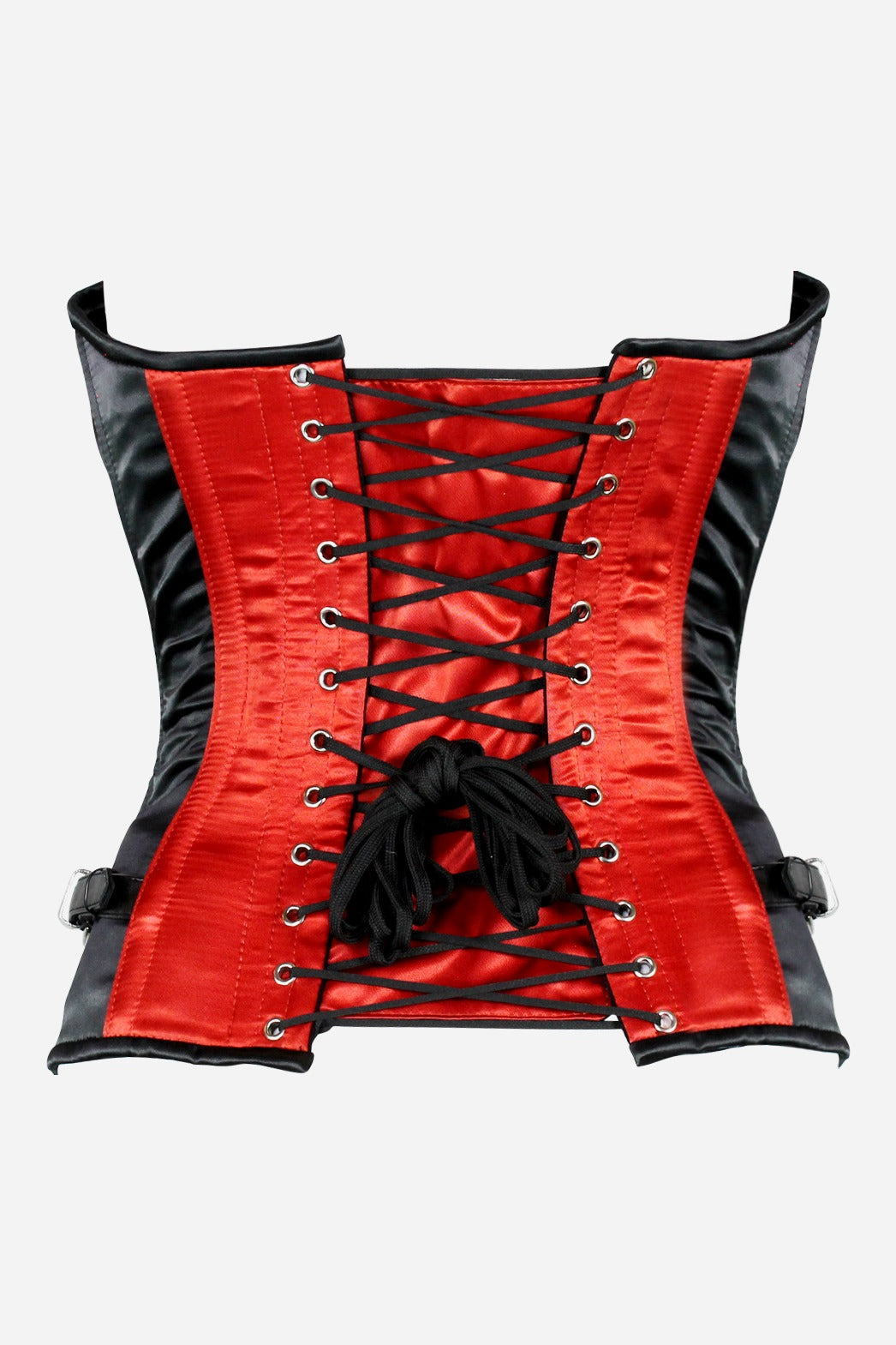 Back of the Tempest corset with a red satin center panel, full black grommet lacing and long black laces for cinching
