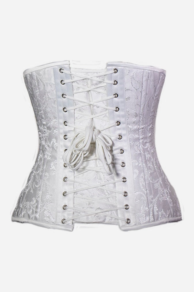 Back of the white brocade Temptress underbust corset showing white lacing crossed through two rows of silver grommets, tied in a bow