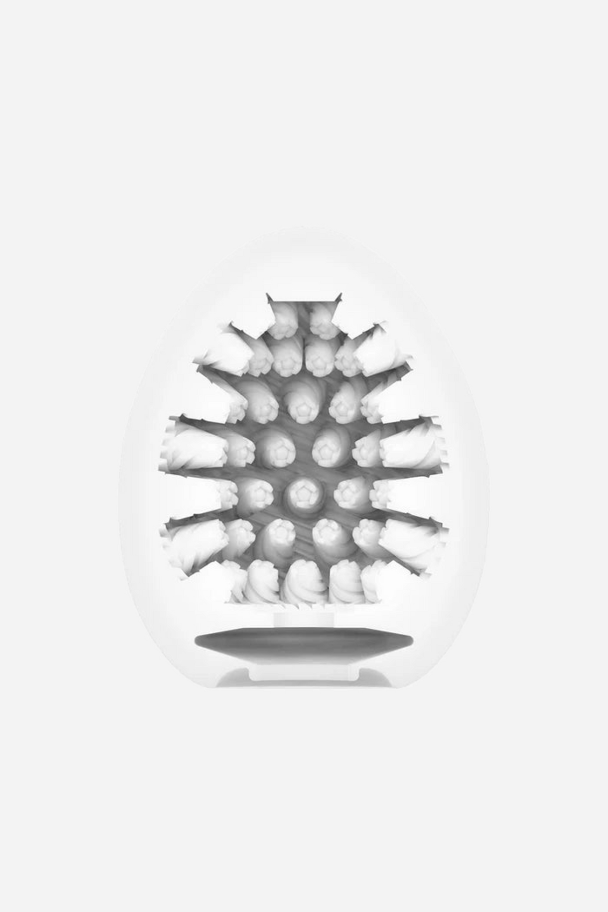 Cutaway of the Tenga Egg Cone sleeve, showing the rows of soft cone shaped studs moulded into the white interior of the stroker