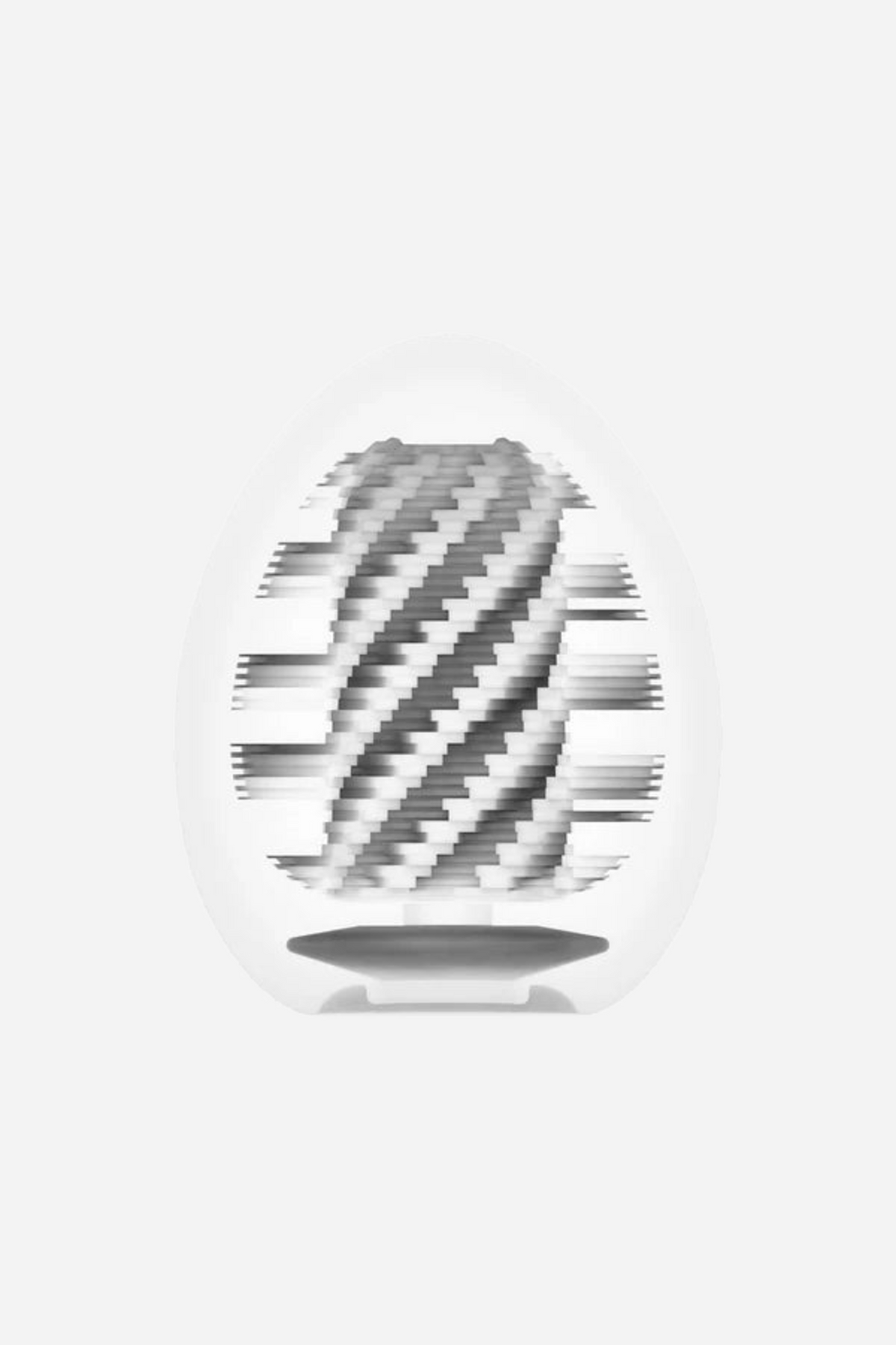 Cutaway of the Tenga Egg Spiral sleeve, showing the deep diagonal ridges that spiral around the inside of the soft white interior