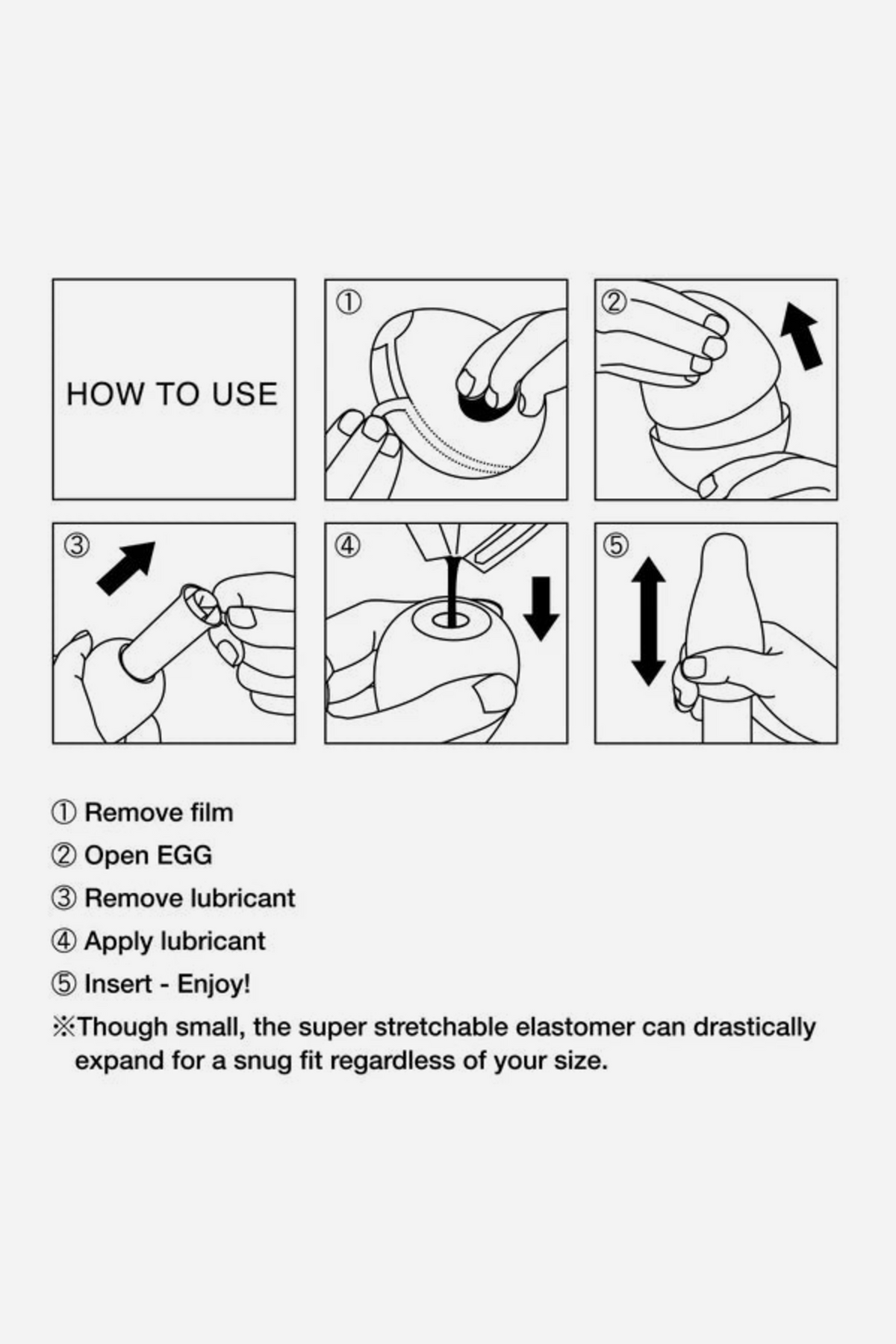 Tenga Egg how-to guide showing how to remove the film, open the egg, take out the sleeve, add lubricant and stretch it over the penis