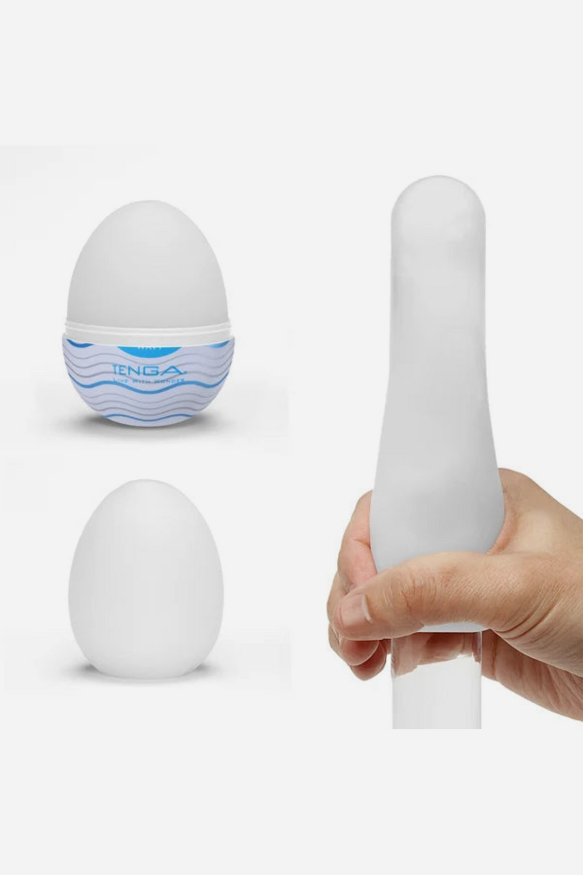 Tenga Egg shells shown open and closed beside a hand stretching the soft white sleeve, showing how far the elastomer can stretch