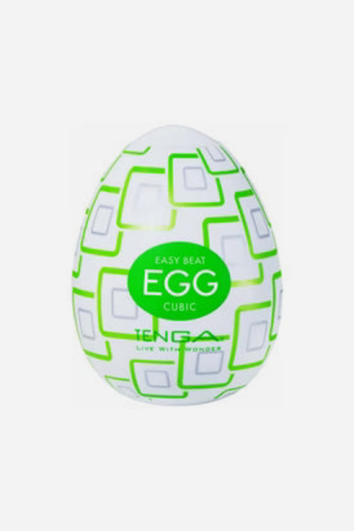 Tenga Egg Cubic stroker in its white shell with a bright green square pattern, with a cube-shaped texture lining the inner sleeve