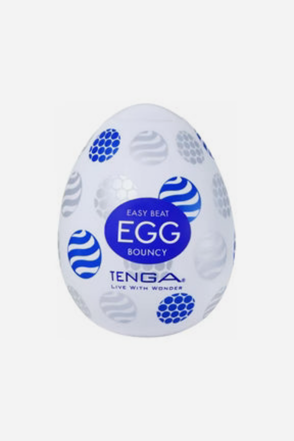 Tenga Egg Bouncy stroker in its white shell with a blue circle pattern, lined with large bouncy nubs for an intense textured feel
