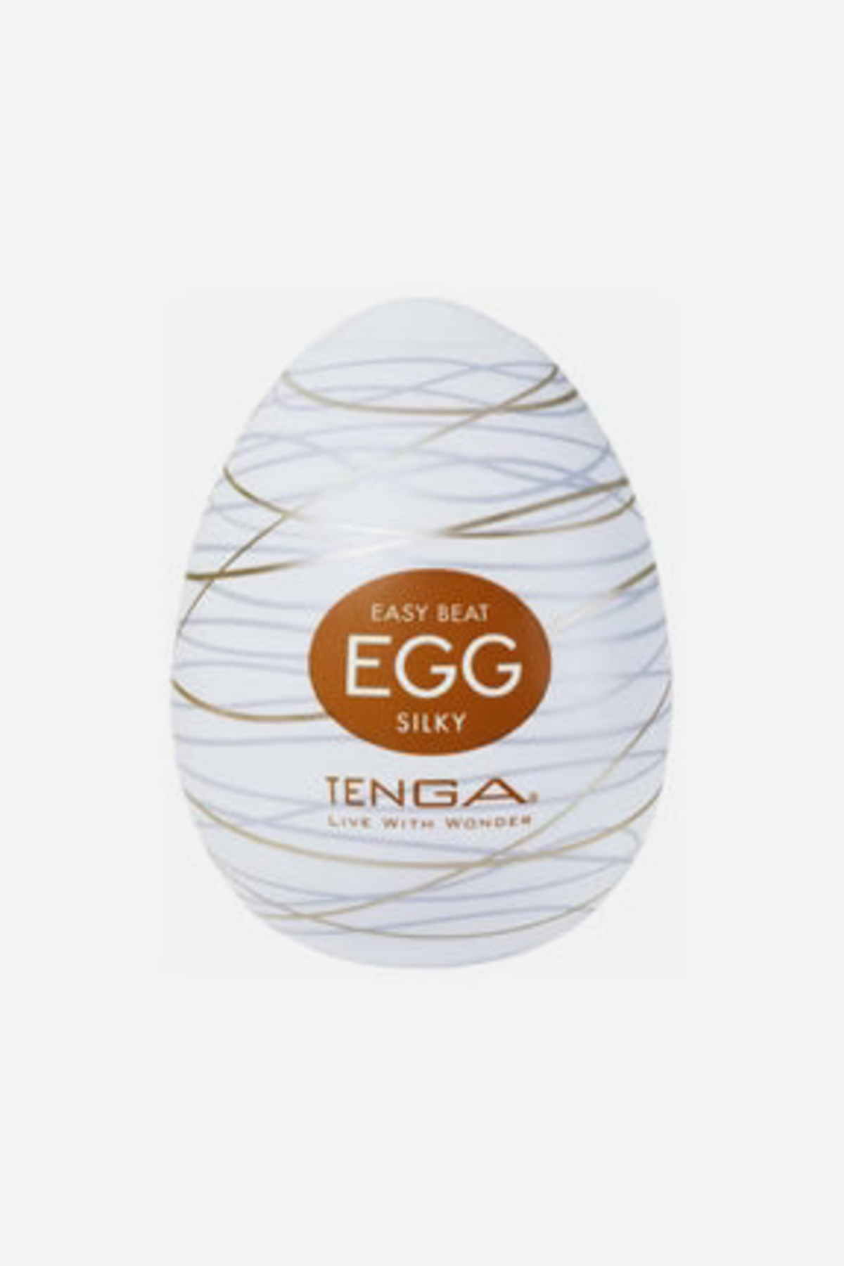 Tenga Egg Silky stroker in its white shell with fine gold swirling lines, with a gentle silky ridged texture inside the stretchy sleeve