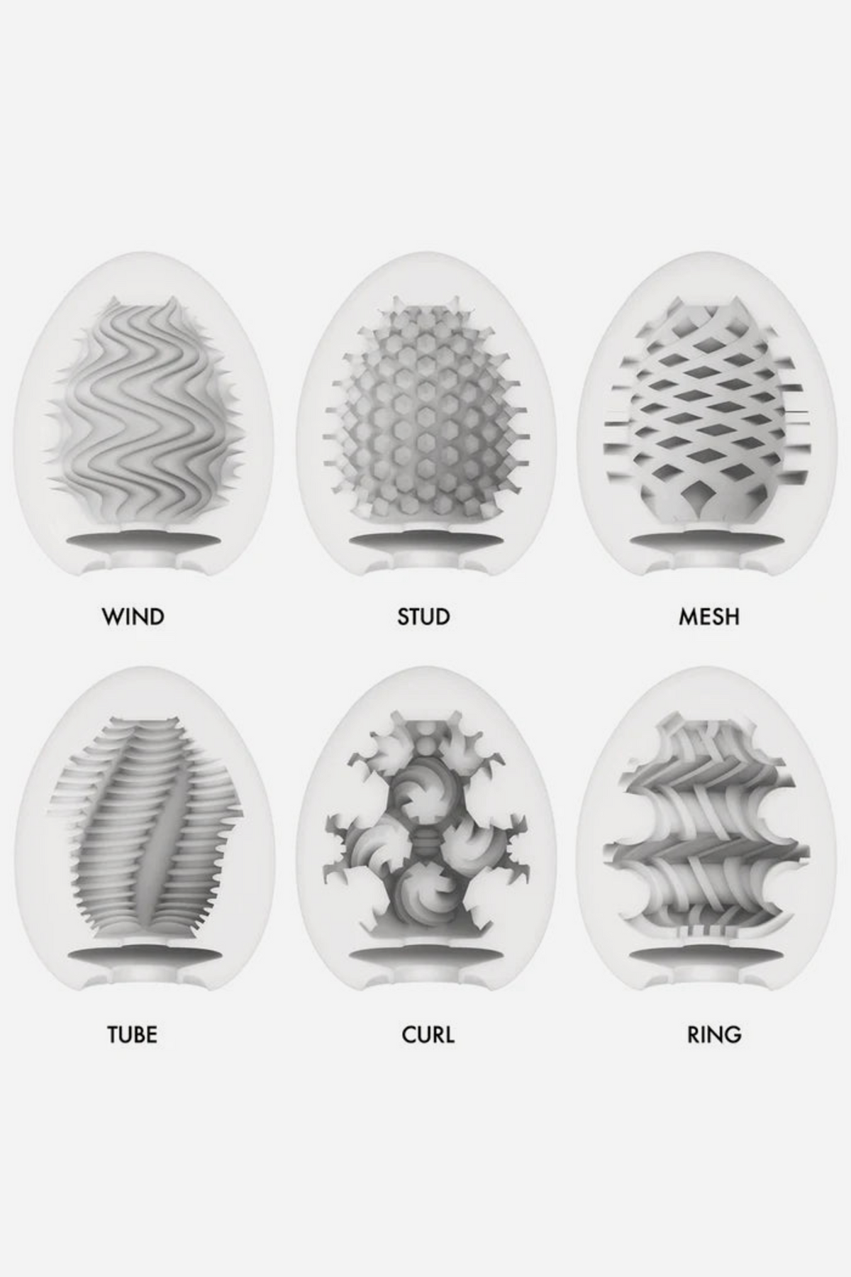 Side-by-side view of the six Tenga Egg Wonder inner sleeves, labelled Wind, Stud, Mesh, Tube, Curl and Ring to compare each internal texture