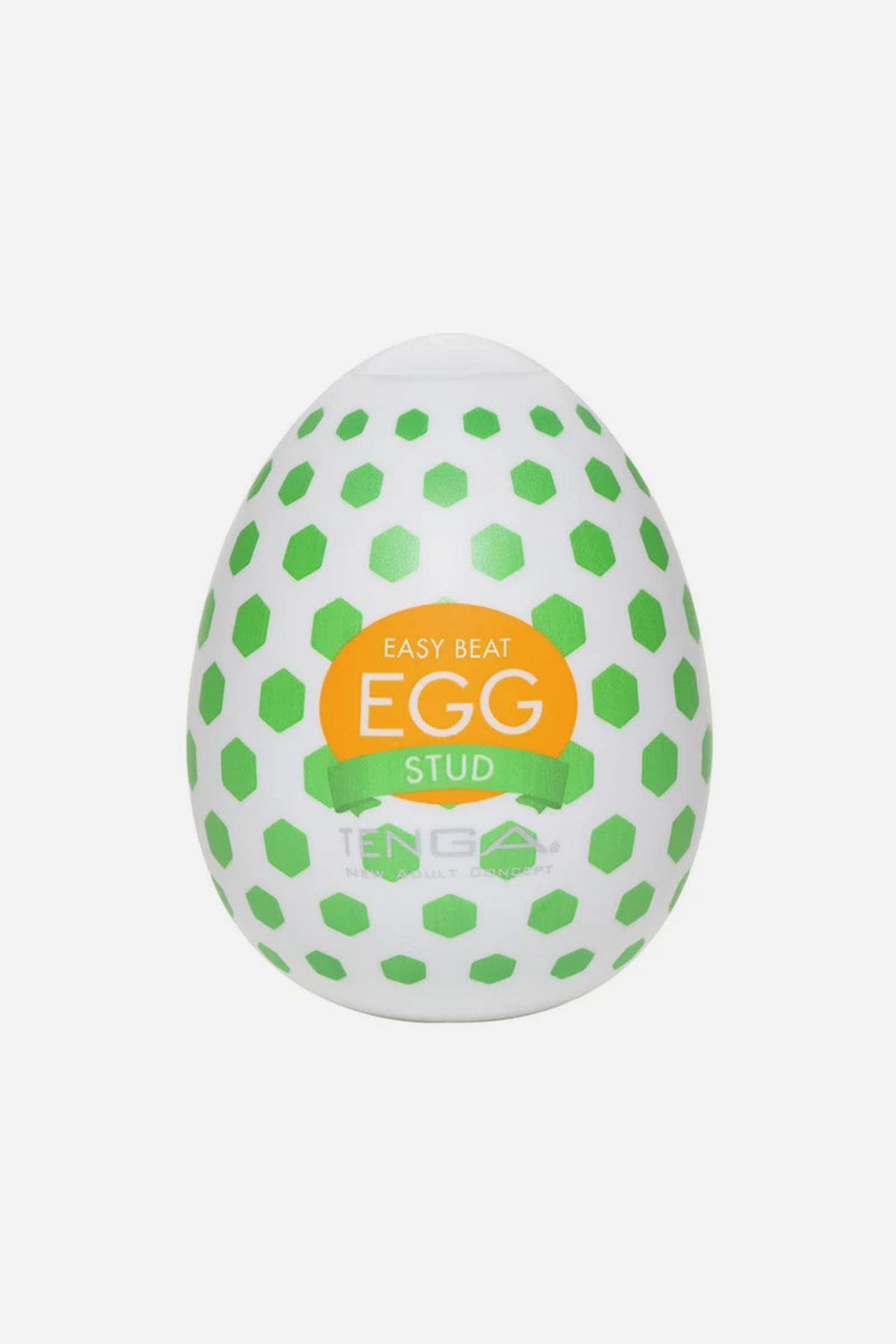 Tenga Egg Wonder Stud stroker, a white egg-shaped case covered in bright green polka dots with the orange Tenga Egg label on the front
