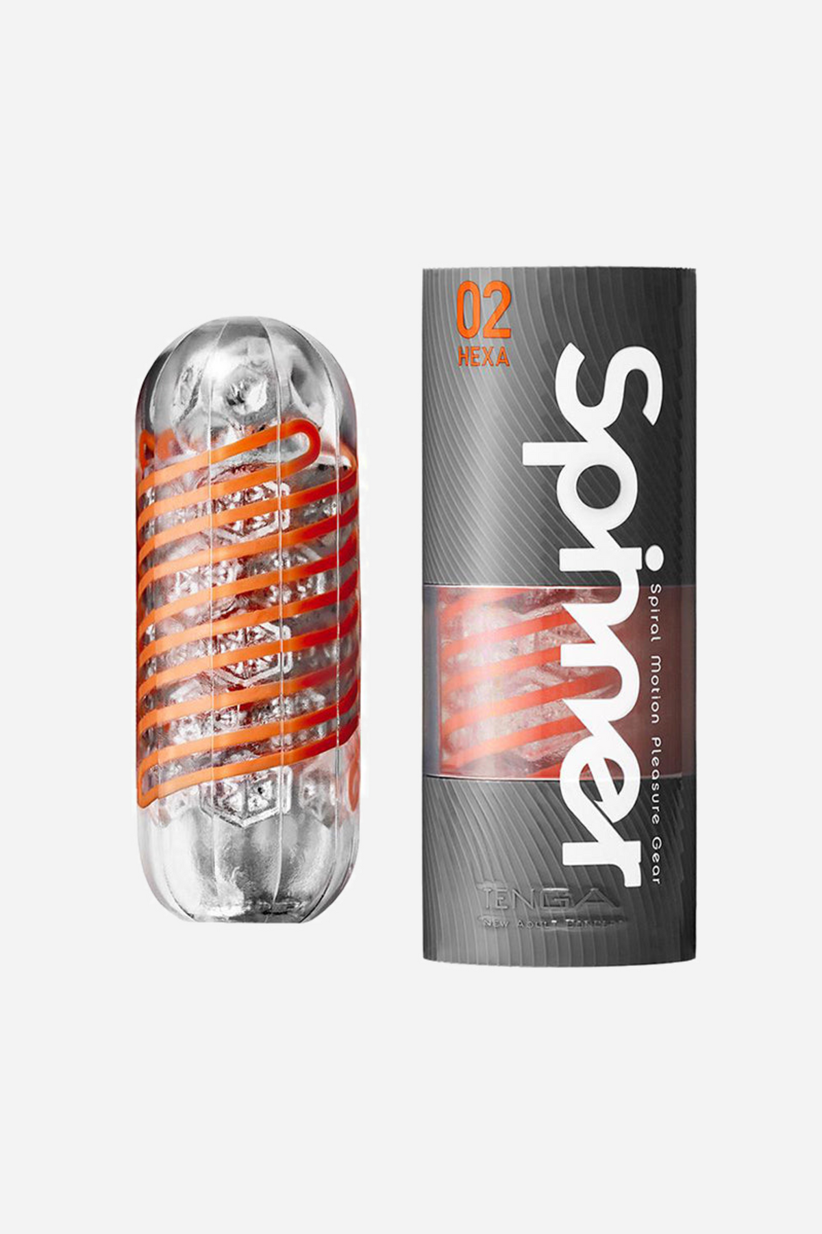 Tenga Spinner Hexa shown as a clear stroker with a bright orange coil inside, standing upright beside its charcoal grey cylindrical case.