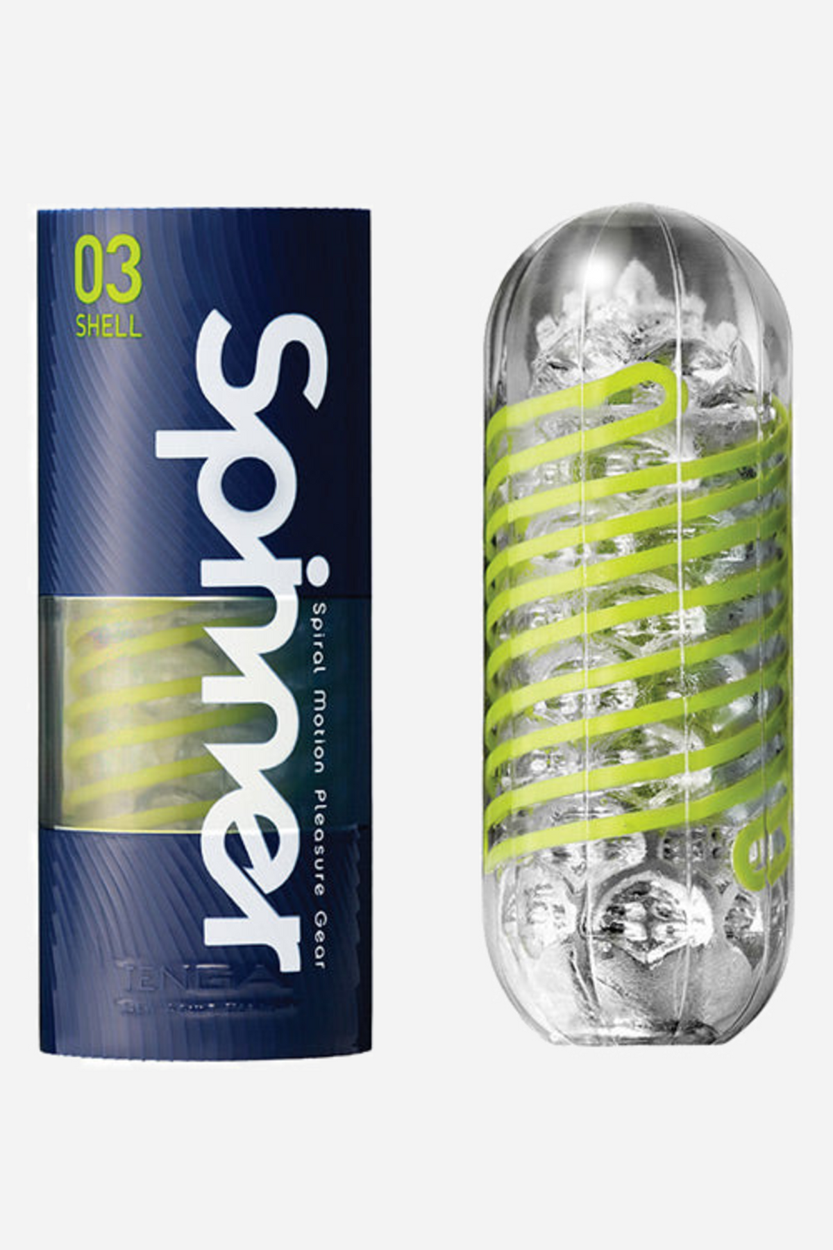 Tenga Spinner Shell in a navy blue case next to the clear stroker, its interior wound with a bright yellow green spiralling coil.