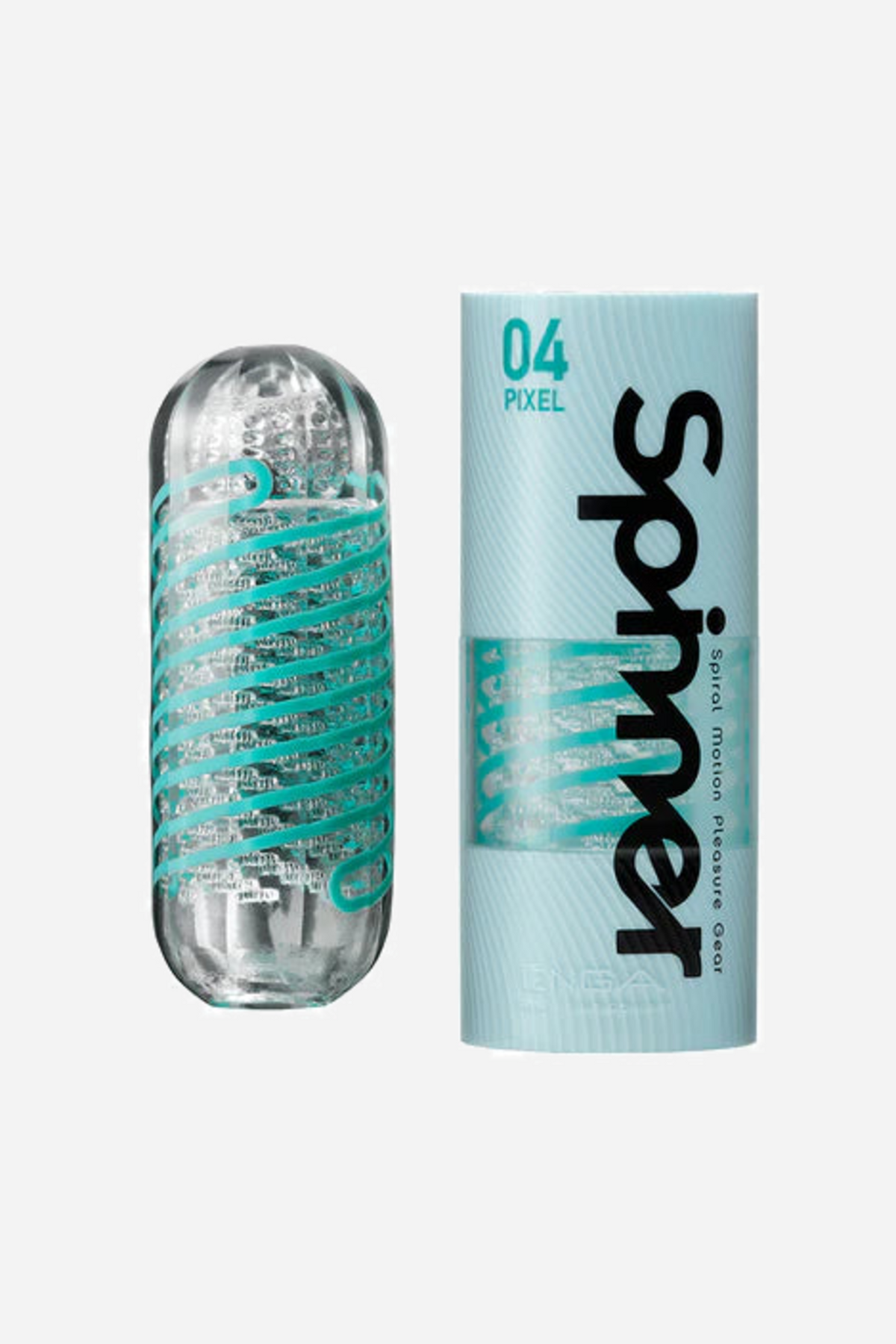 Tenga Spinner Pixel with its pale teal case and clear stroker, a fine green coil of small squared scales running through the inside.