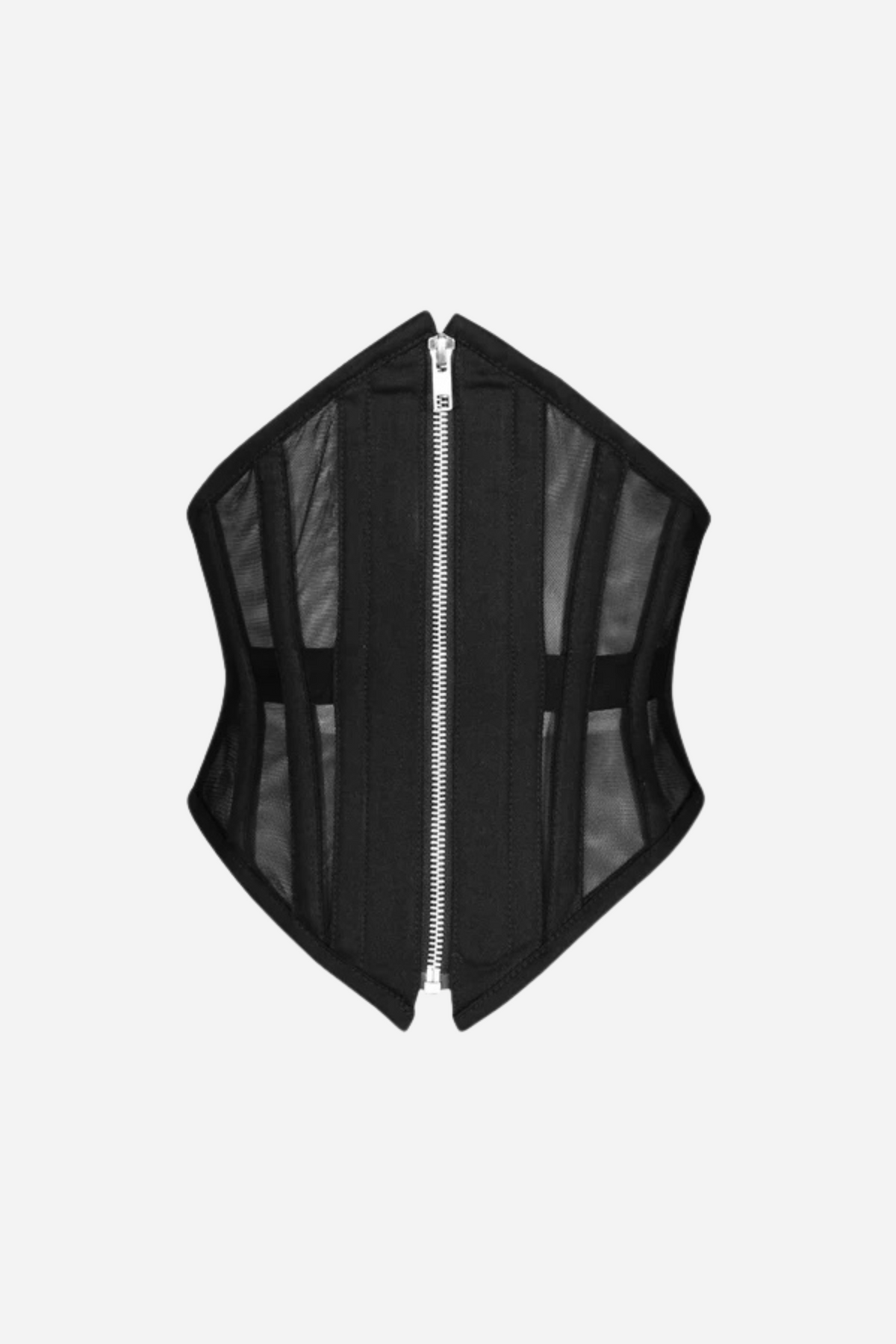 Front of The Raven underbust corset in sheer black mesh with solid black boning channels and a silver zip running down the centre front