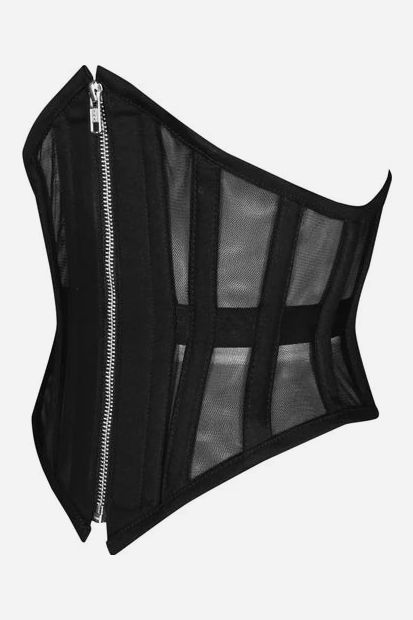 Side view of The Raven black mesh underbust corset showing the sheer panels, curved hip line, black boning and silver front zip