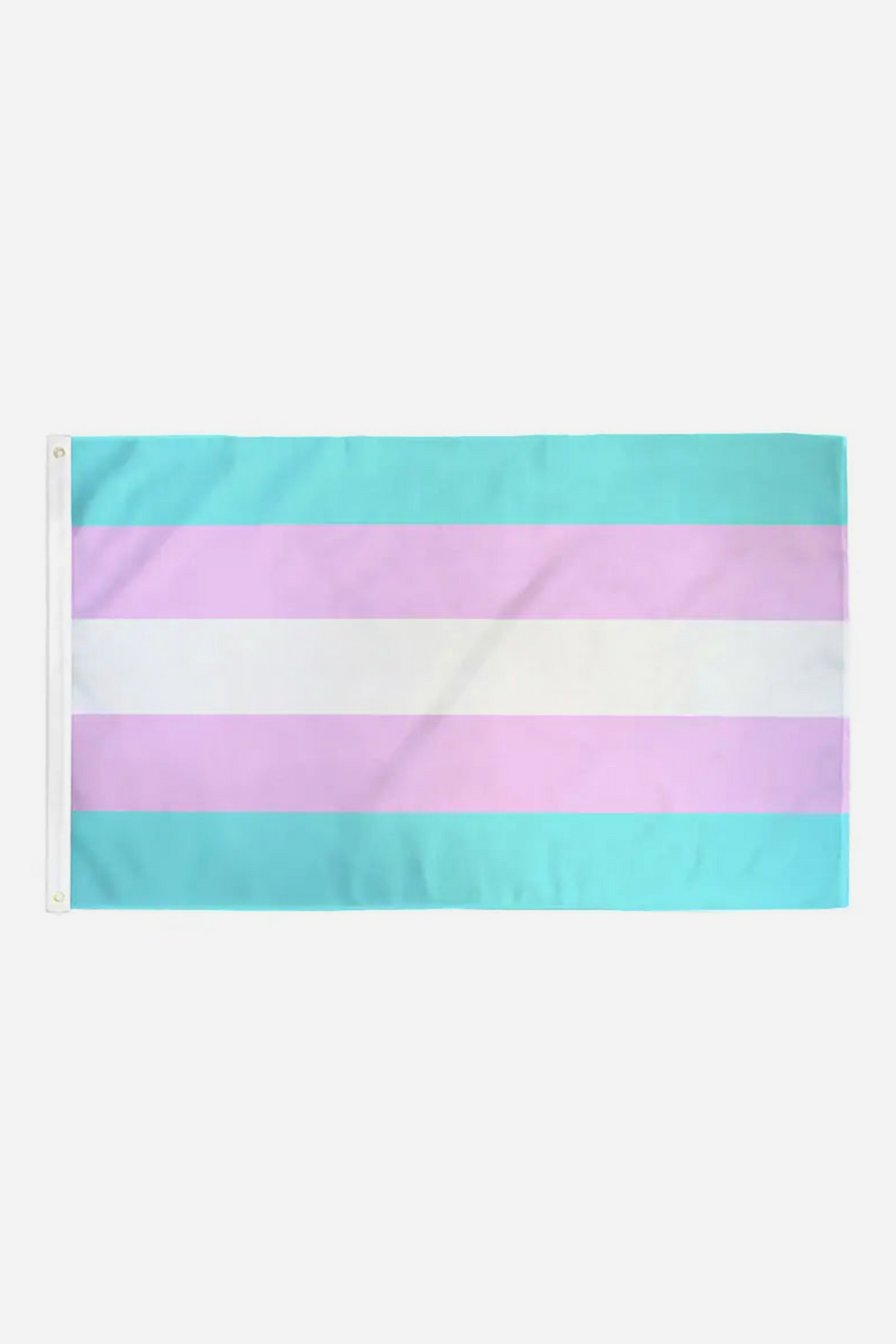 Transgender pride flag laid flat with horizontal stripes of light blue, pink, white, pink and light blue, a white hem and metal grommets on the left edge.