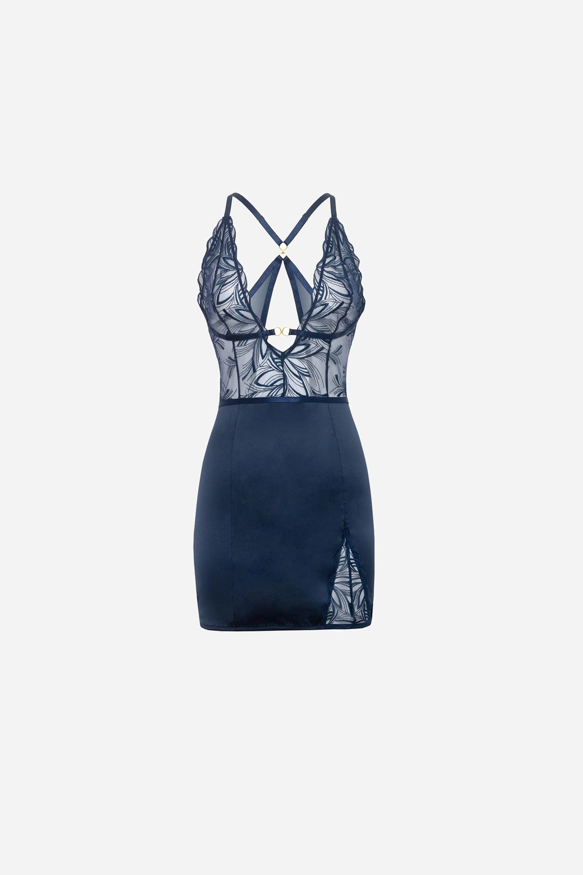 The navy Trapped Me chemise shown on its own without a model, laying out the embroidered sheer bust and the plain satin skirt.