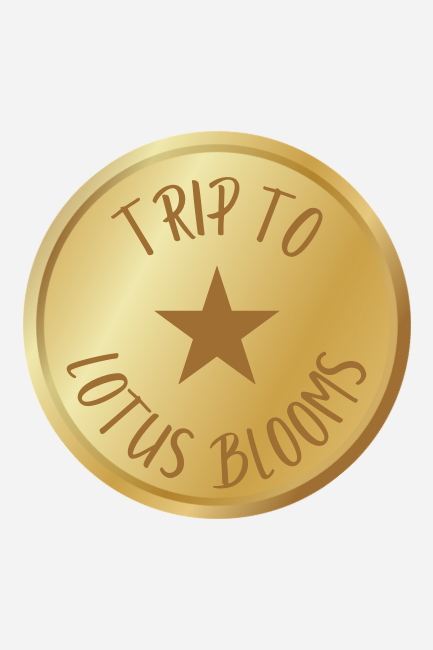 Gold mirror acrylic Trip to Lotus Blooms Sexy Time Token, a round 1.5 inch coin engraved with a star and the words Trip to Lotus Blooms