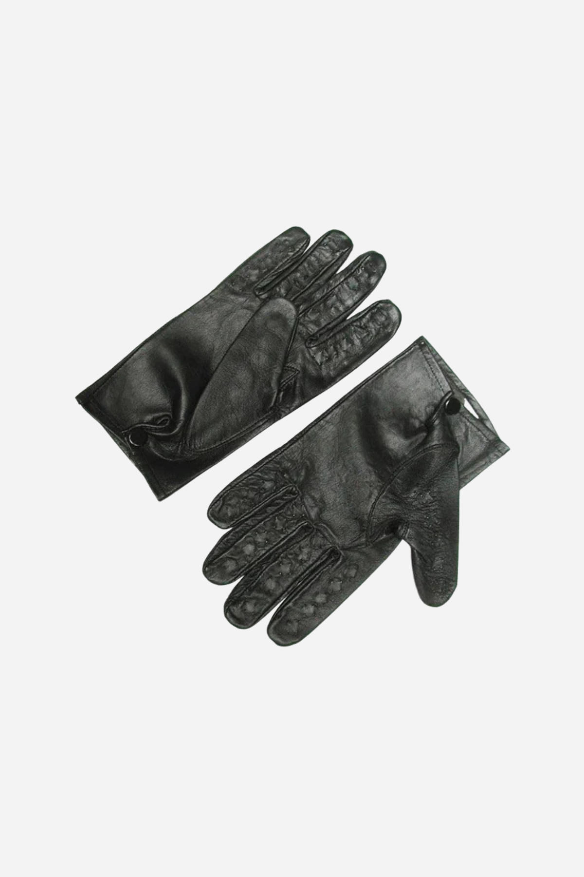 Pair of black leather vampire gloves with rows of small metal spikes along each finger and a snap wrist band, shown flat