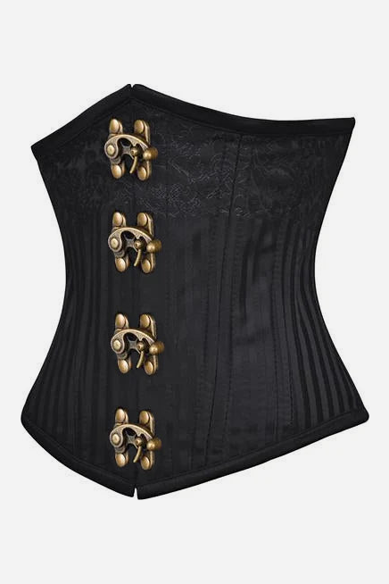 Angled side view of the black Vintage Brass Steampunk underbust corset showing its curved waist, striped panels and antique brass clasps