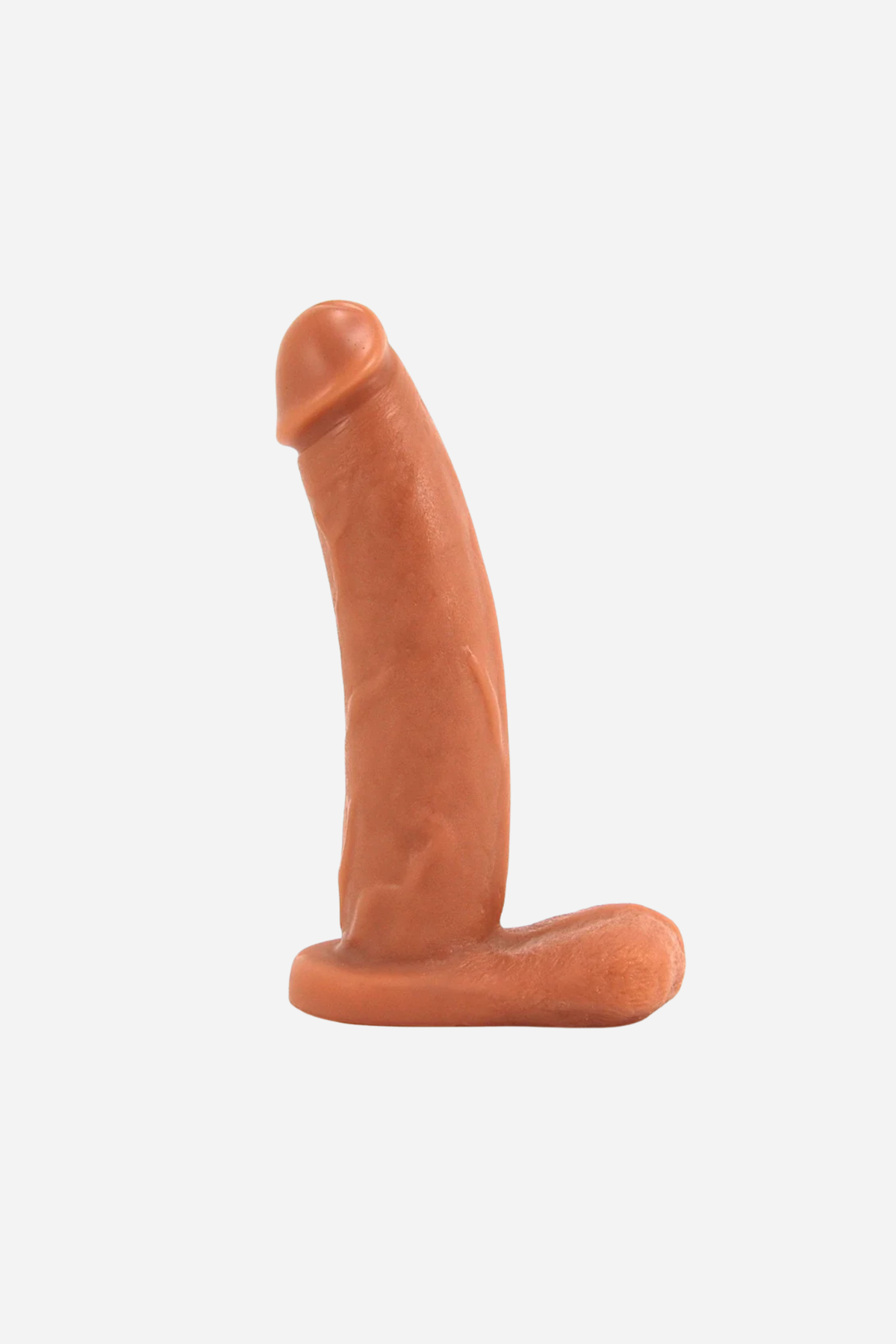 VixSkin Bandit dual density dildo in Caramel, side view of the curved veined shaft and flared balls base on a light grey background