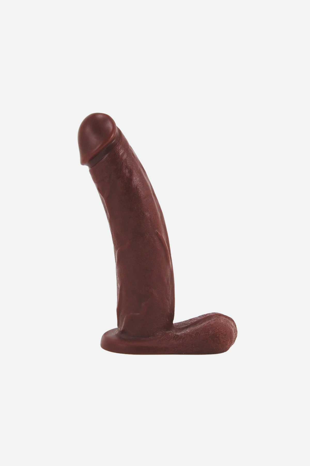 VixSkin Bandit dual density dildo in Chocolate, side view of the curved veined shaft and flared balls base on a light grey background