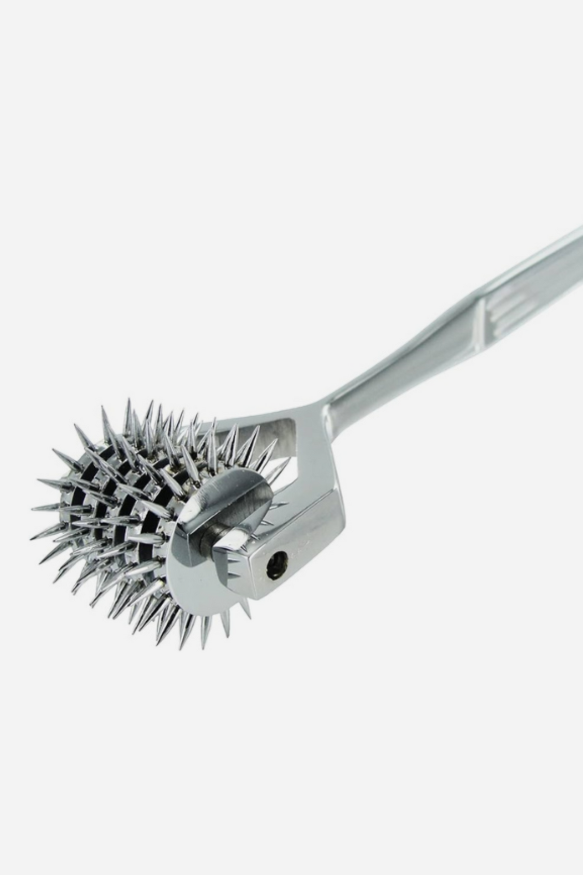 Stainless steel Wartenberg pinwheel with five rows of sharp spiked wheels on a forked head, its long polished handle angled up and running off to the right.
