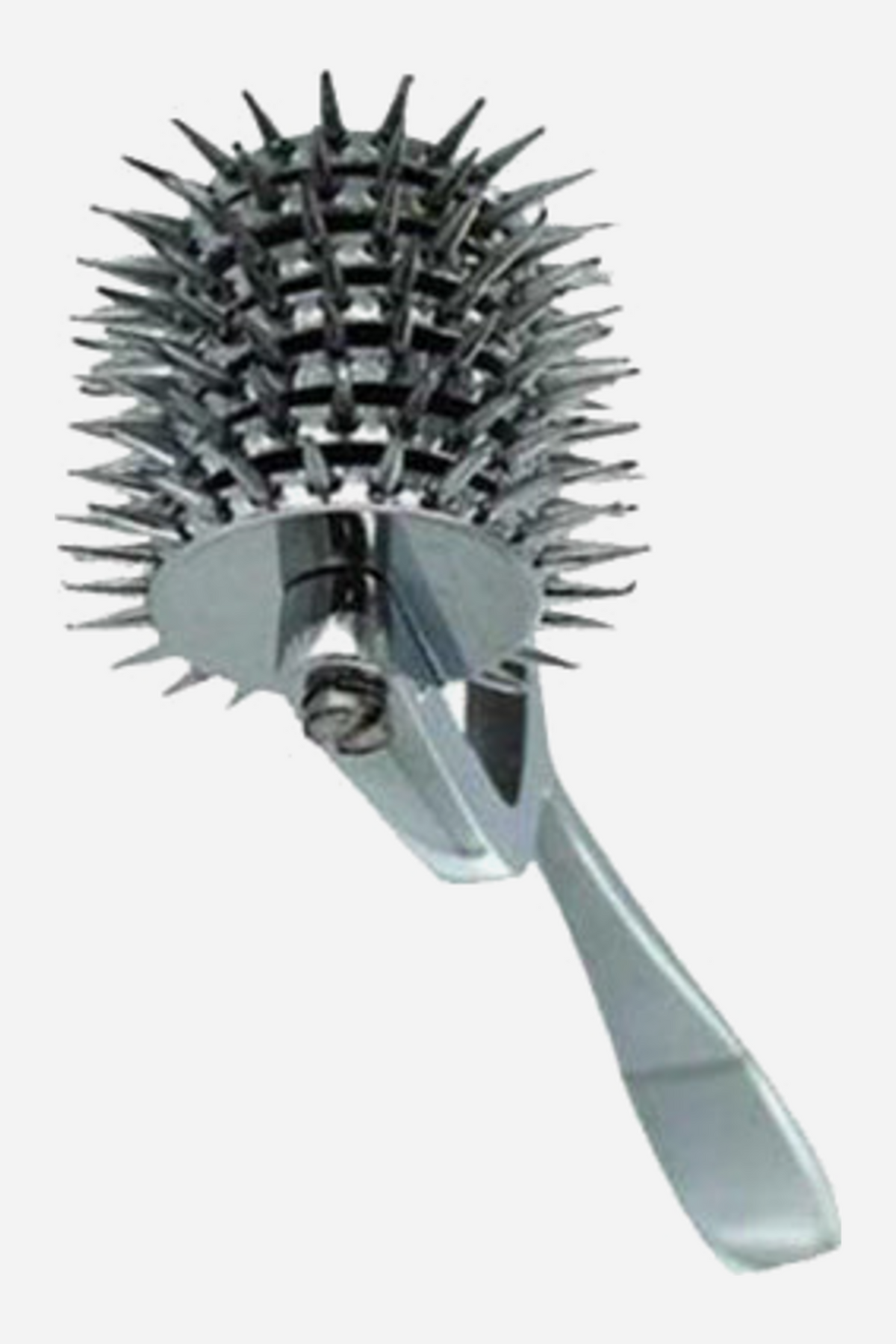 Stainless steel Wartenberg sensation roller with a row of stacked spiked pinwheels on a single axle, attached to a curved polished metal handle
