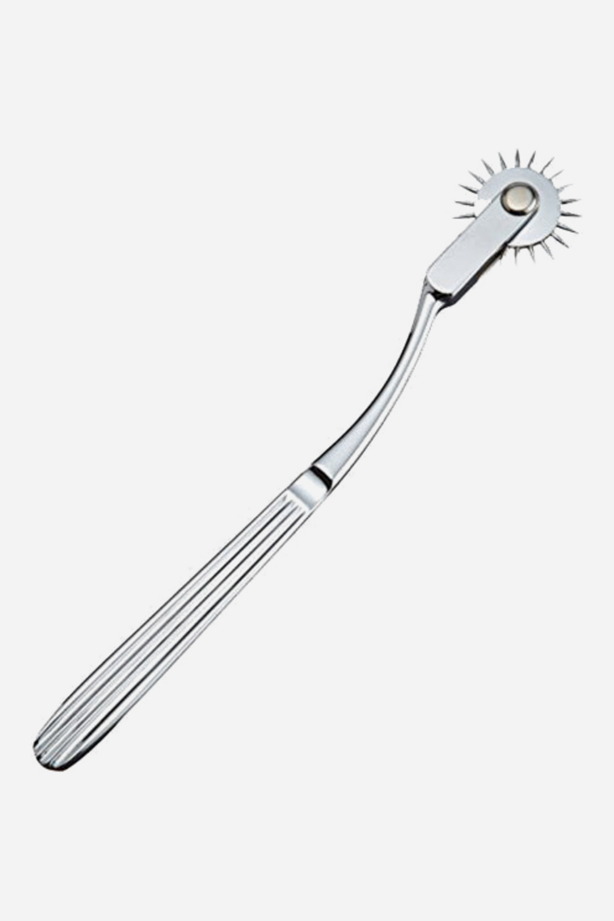 Polished stainless steel Wartenberg pinwheel with a single spiked rolling wheel at the tip of a slim curved neck and a long ribbed handle