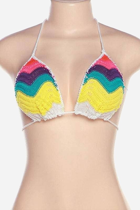Waves of Color crochet triangle bralette with rainbow chevron stripes in pink, purple, teal and yellow and white halter ties, front