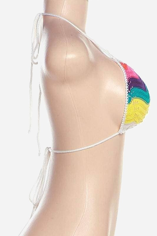 Side view of the Waves of Color crochet triangle bralette showing a rainbow chevron cup with white halter straps tied at the back