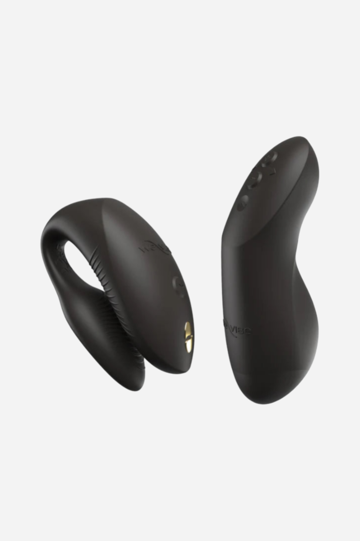 We-Vibe Chorus Pro couples vibrator in Black, showing the adjustable C-shaped vibe and the squeeze-sensitive remote on grey