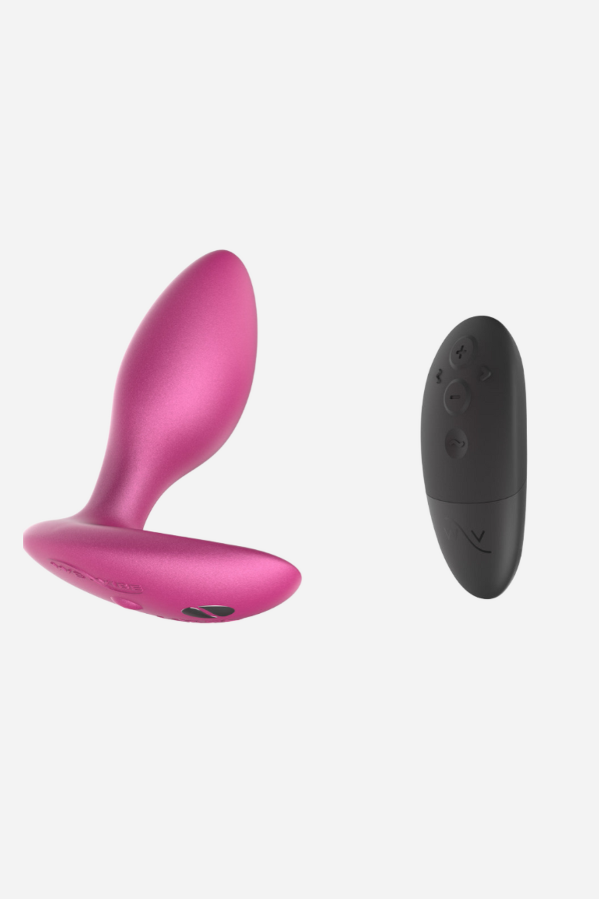 Pink We-Vibe Ditto+ plug beside its black wireless remote, which lets you or a partner change vibration modes and intensity hands-free