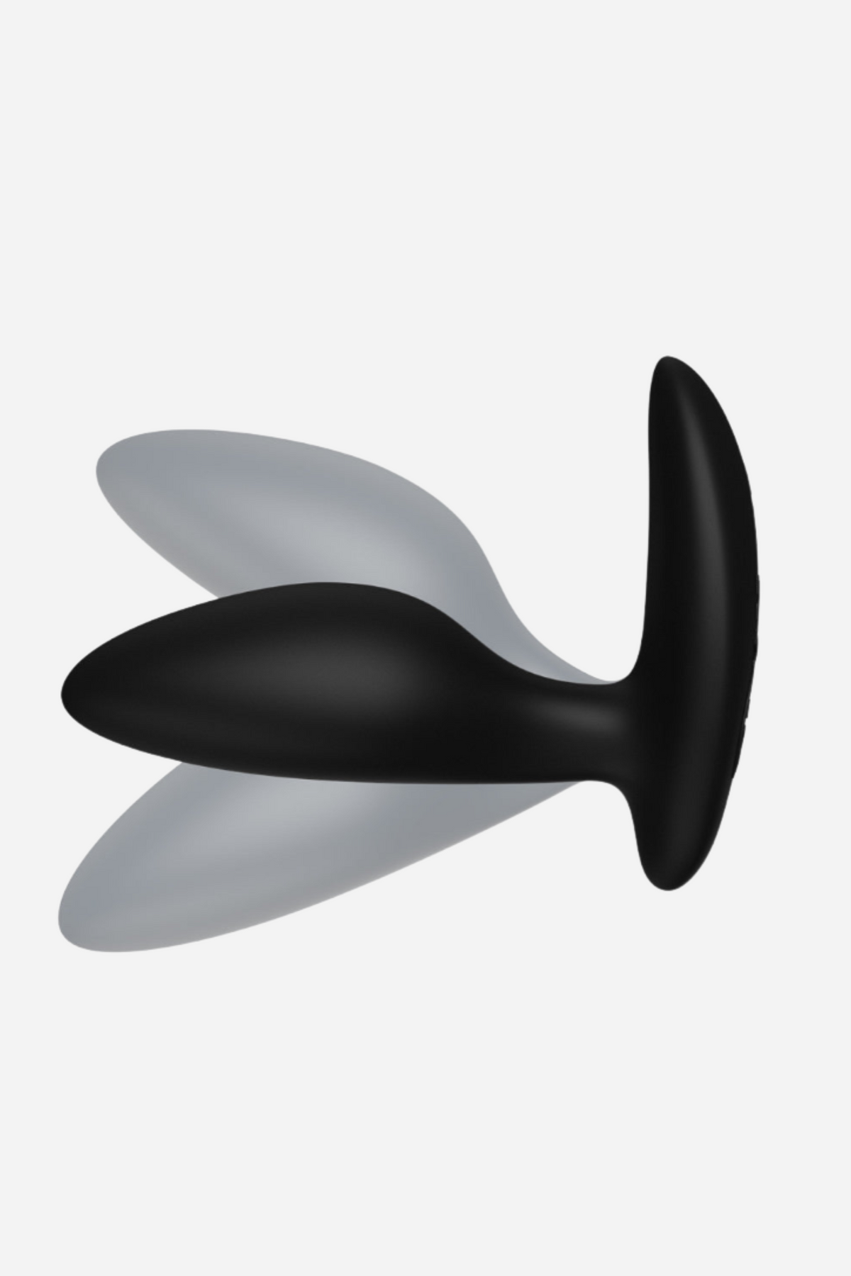 Black We-Vibe Ditto+ plug with motion outlines showing how the flexible neck bends, so the plug moves with your body for comfortable wear