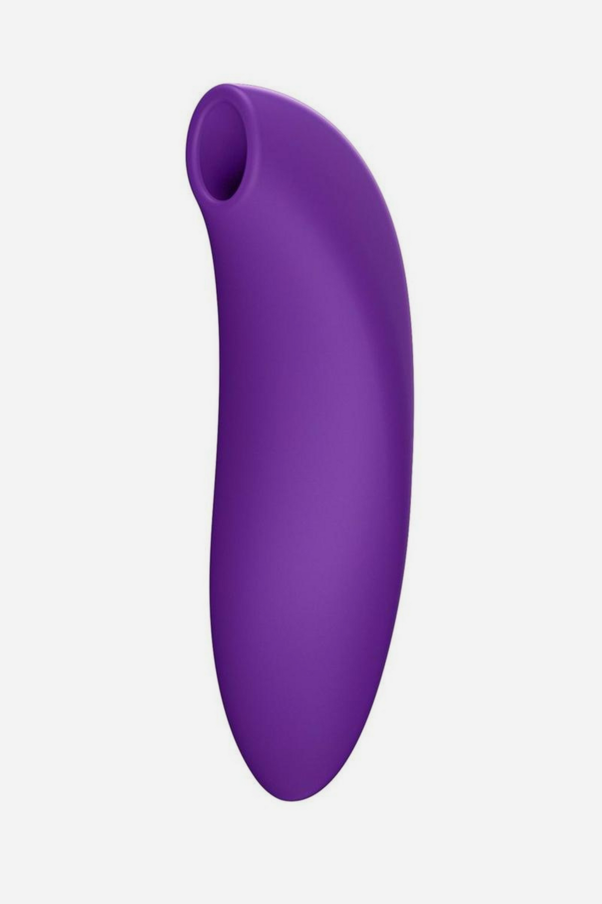 We-Vibe Melt 2 suction toy in Purple, side view of the curved body with the angled suction opening at the top on light grey