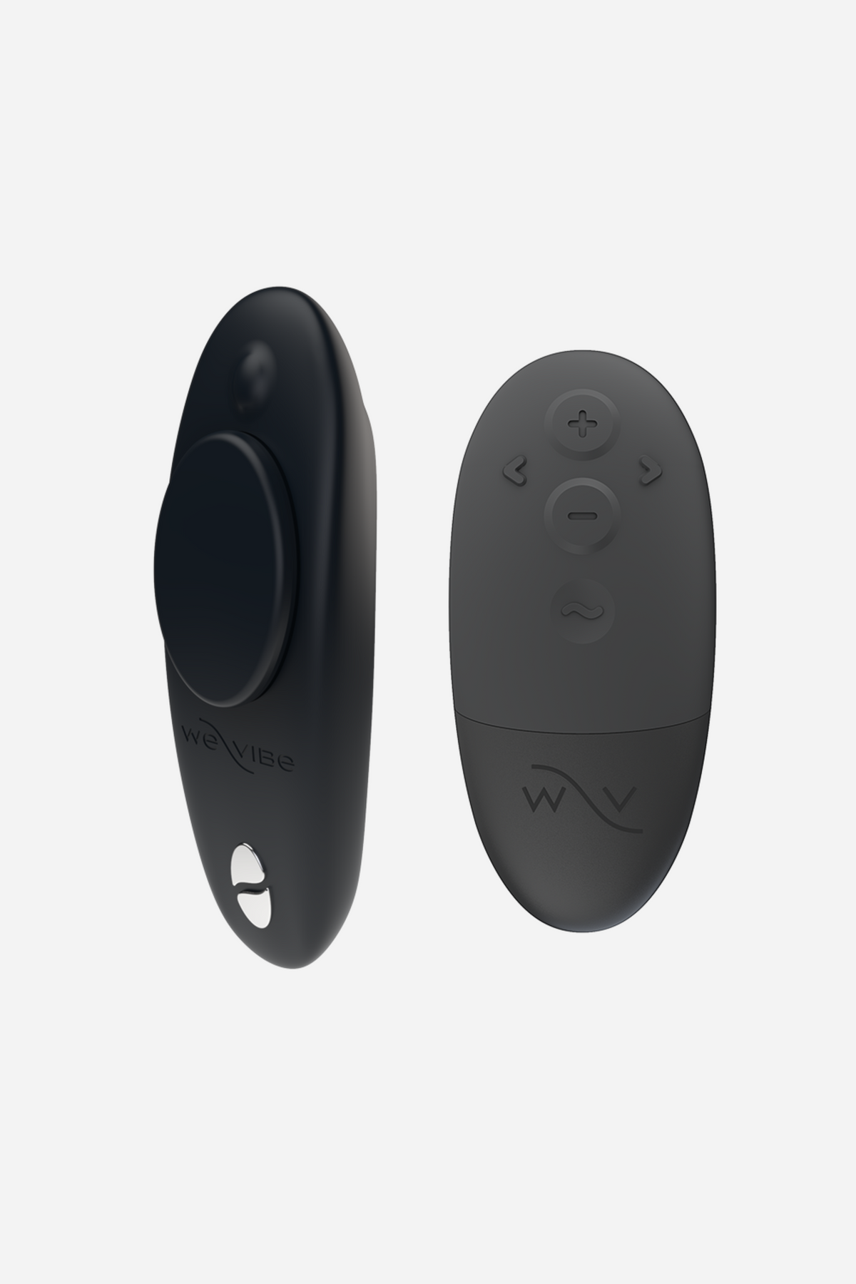 We-Vibe Moxie+ wearable panty vibrator in Black beside its matching remote control, showing the magnetic clip and buttons on grey