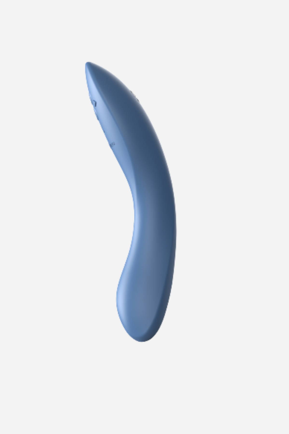 Side profile of the blue We-Vibe Rave 2, showing the gently curved G-spot tip that targets internal stimulation, on a light grey background
