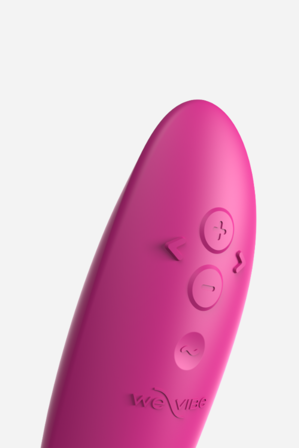 Close-up of the fuchsia We-Vibe Rave 2 control panel, showing the power, mode and intensity buttons and the We-Vibe logo on the handle