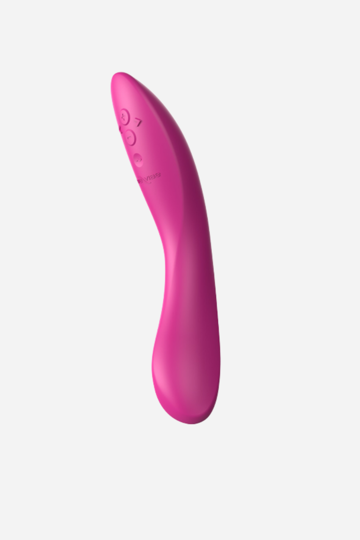 We-Vibe Rave 2 G-spot vibrator in fuchsia, front view showing the smooth curved silicone body and control buttons near the tip, on grey