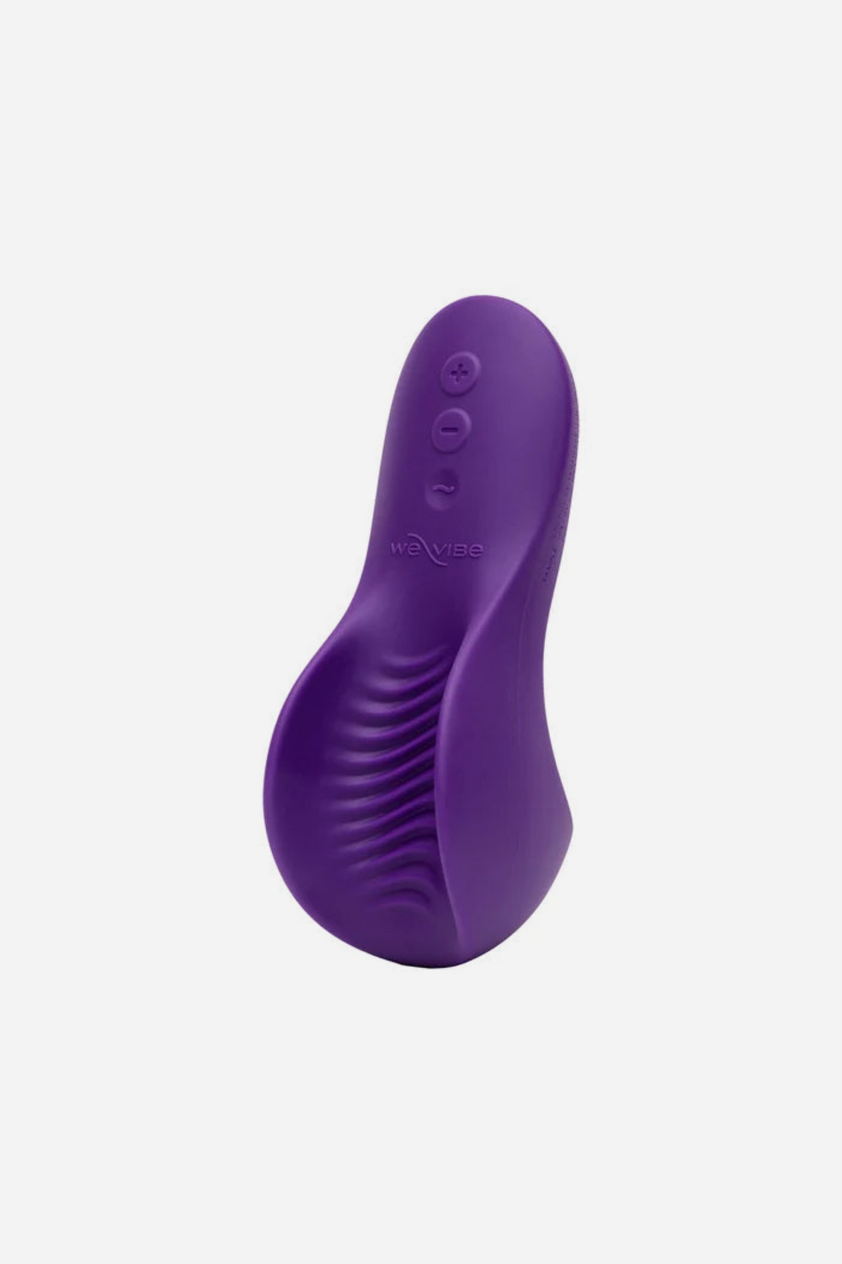 Purple We-Vibe Shared Touch couple's vibe standing upright, a curved palm-sized silicone vibrator with three buttons and a rippled textured face
