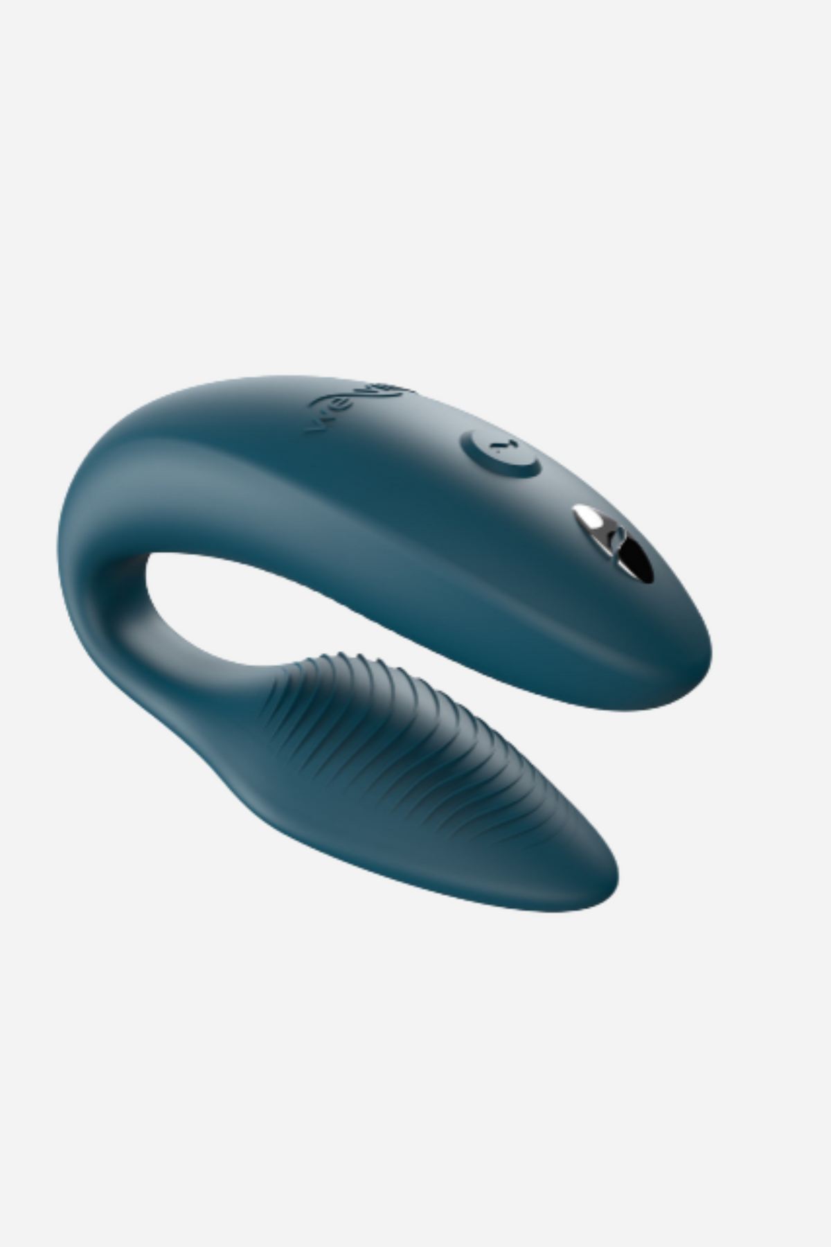 We-Vibe Sync 2 in green velvet, showing its C-shaped design, the control button on the external arm and the textured internal arm