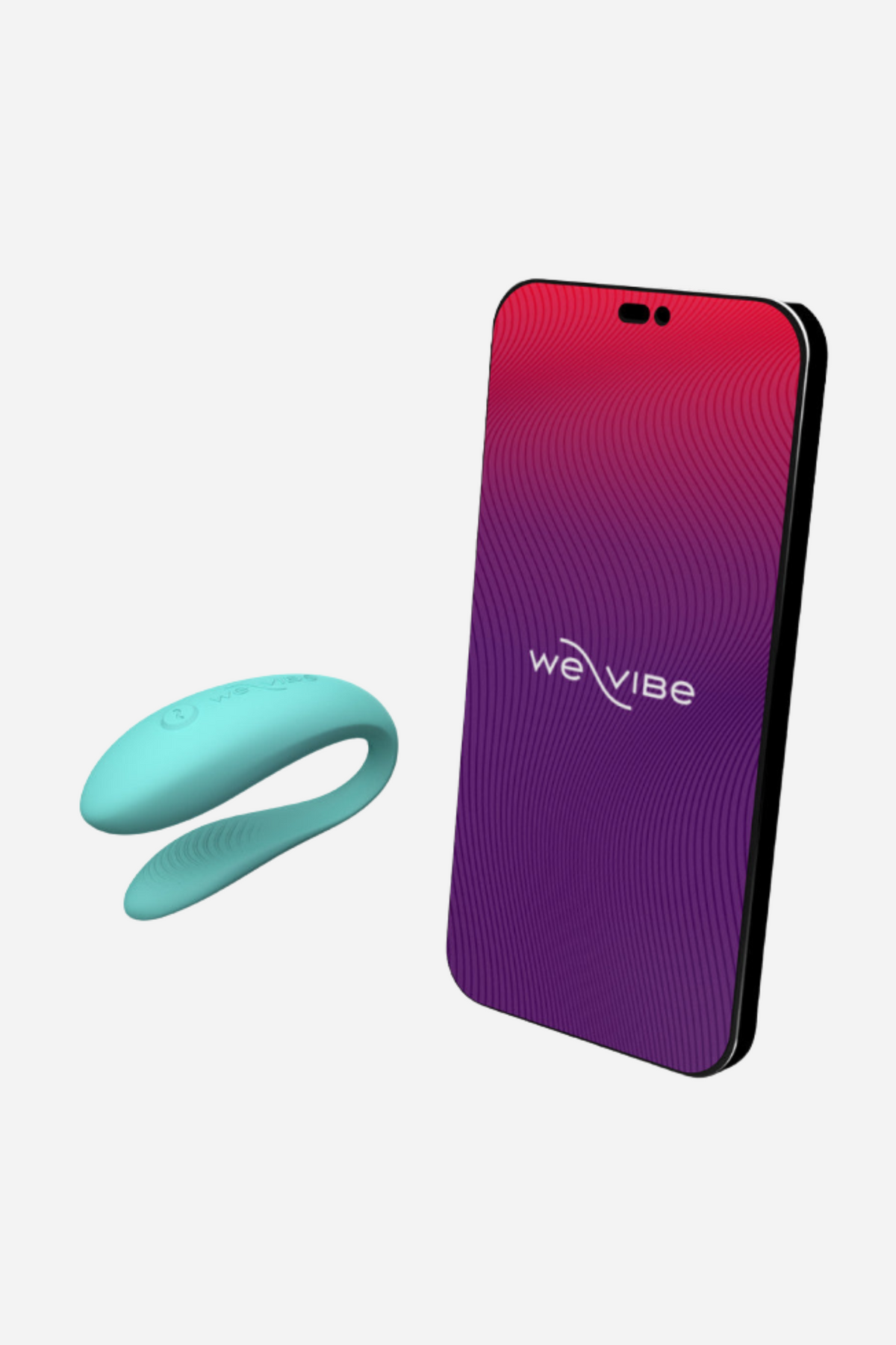 We-Vibe Sync Lite in Aqua beside a smartphone showing the We-Vibe app, which lets partners control it remotely, on light grey