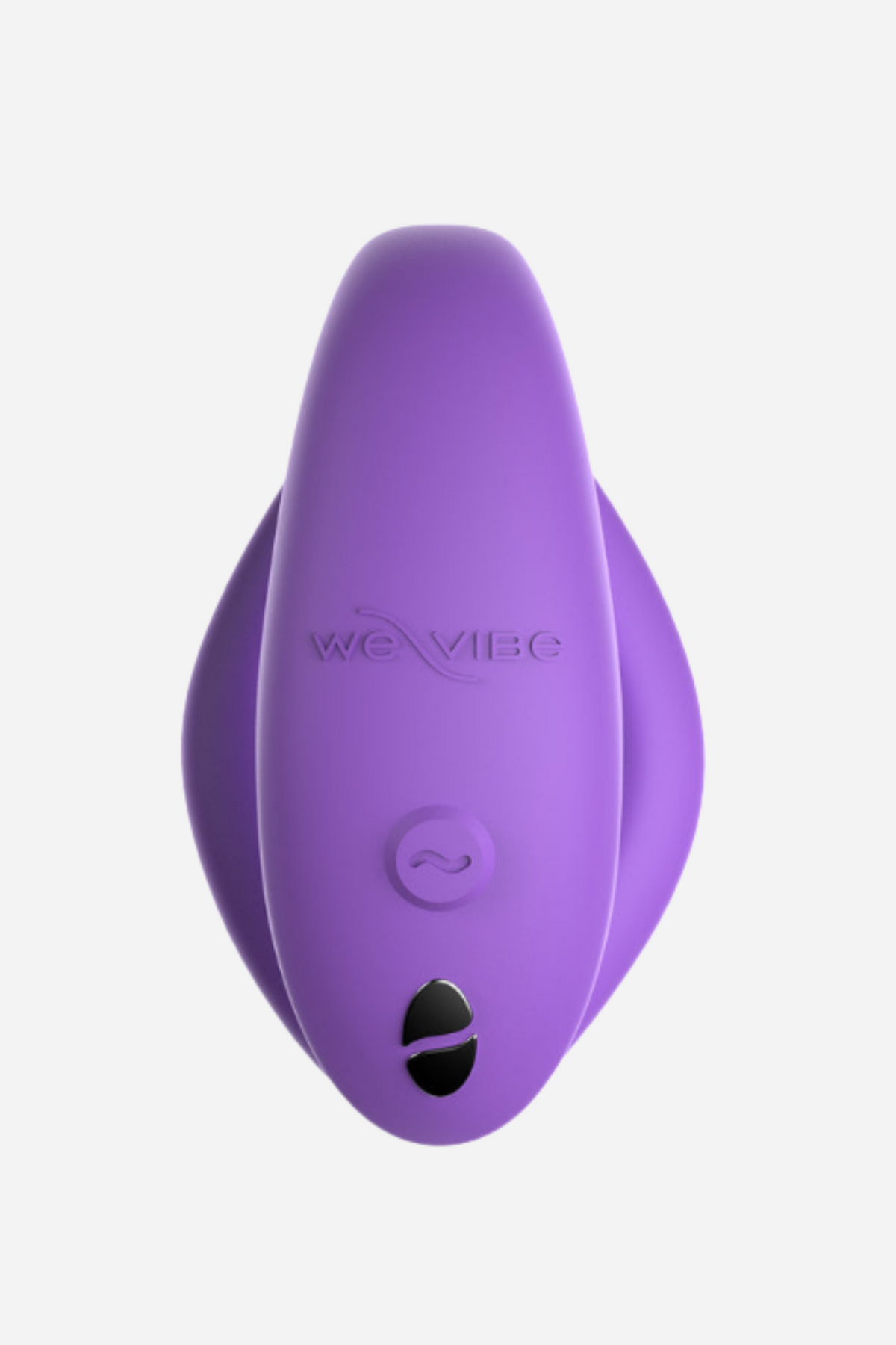 Front view of the lilac We-Vibe Sync O showing the We-Vibe logo and control button on the soft silicone external arm, on light grey