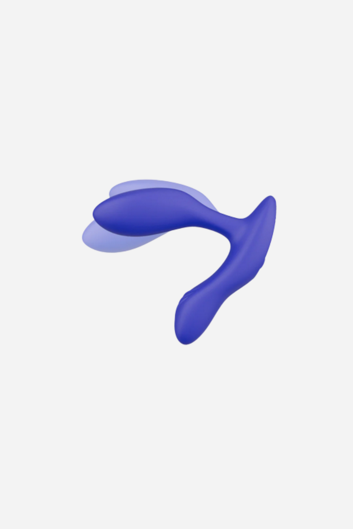 Royal blue We-Vibe Vector+ with motion outlines showing how both arms flex and adjust, so the fit can be tailored to your body for comfort