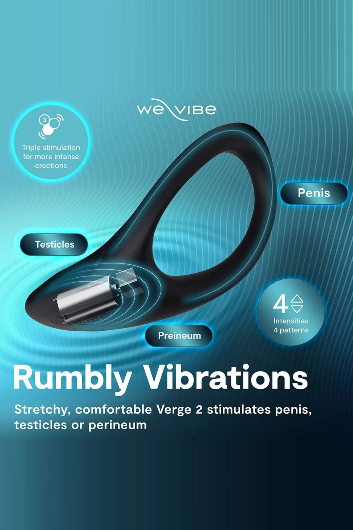We-Vibe Verge 2 graphic on teal reading Rumbly Vibrations, labelling where the stretchy ring stimulates penis, testicles and perineum