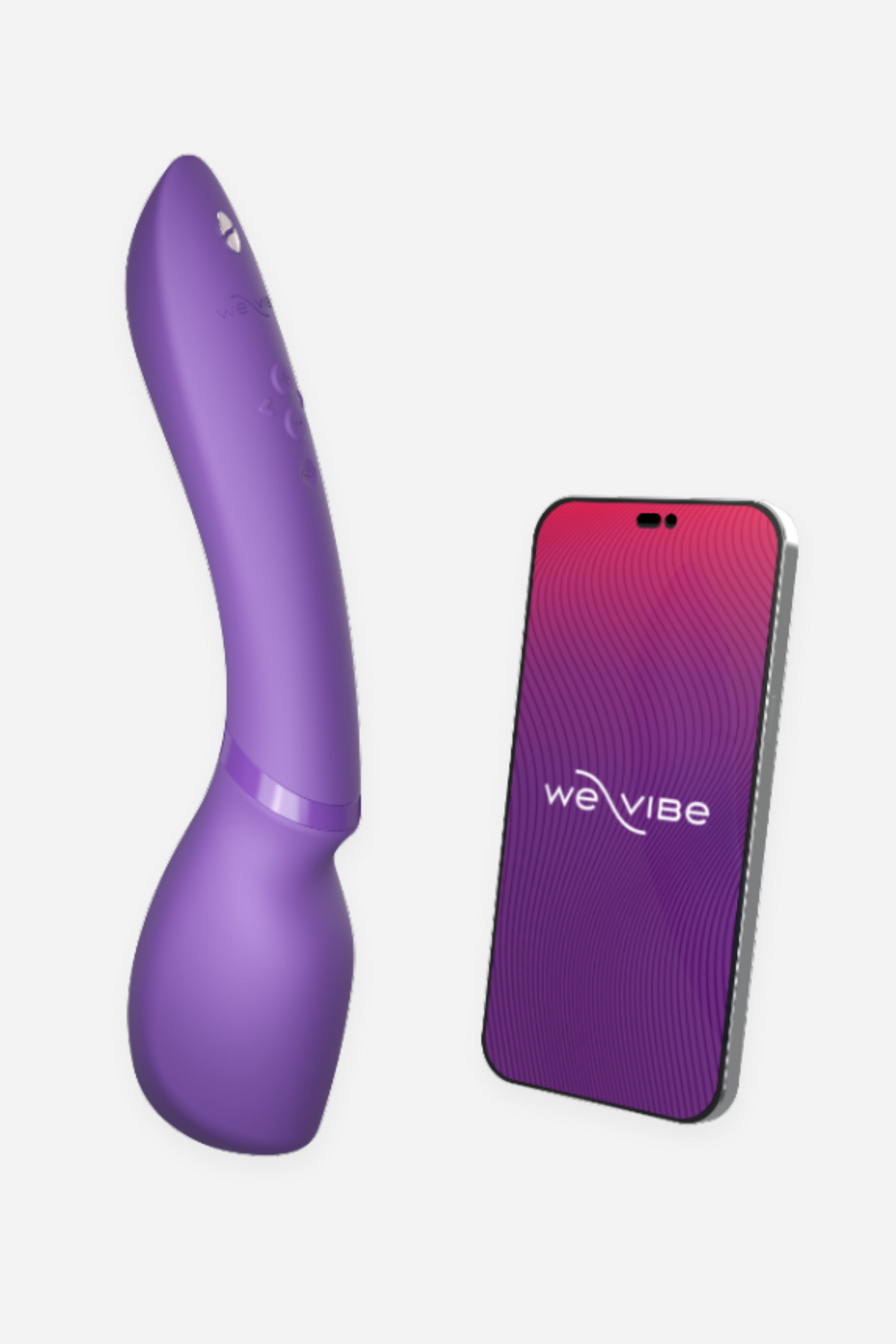 Purple We-Vibe Wand 2 beside a smartphone showing the We-Vibe app, which lets you control the wand remotely and customise vibration patterns