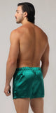 white model shows off the back of the silk green boxers mens lingerie