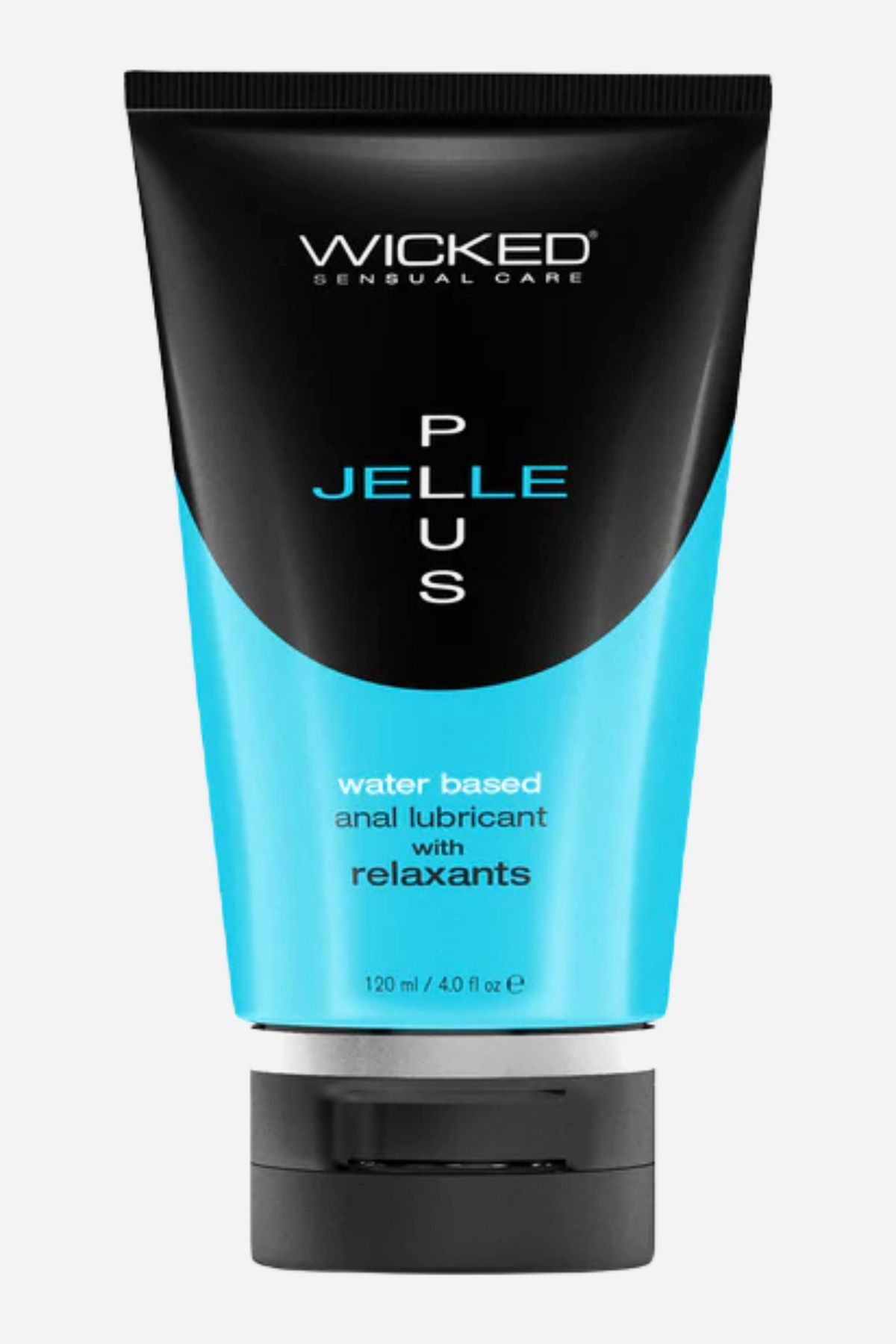 Front of a 4 oz (120 ml) black and turquoise tube of Wicked Jelle Plus water based anal lubricant with relaxants, standing on a black cap
