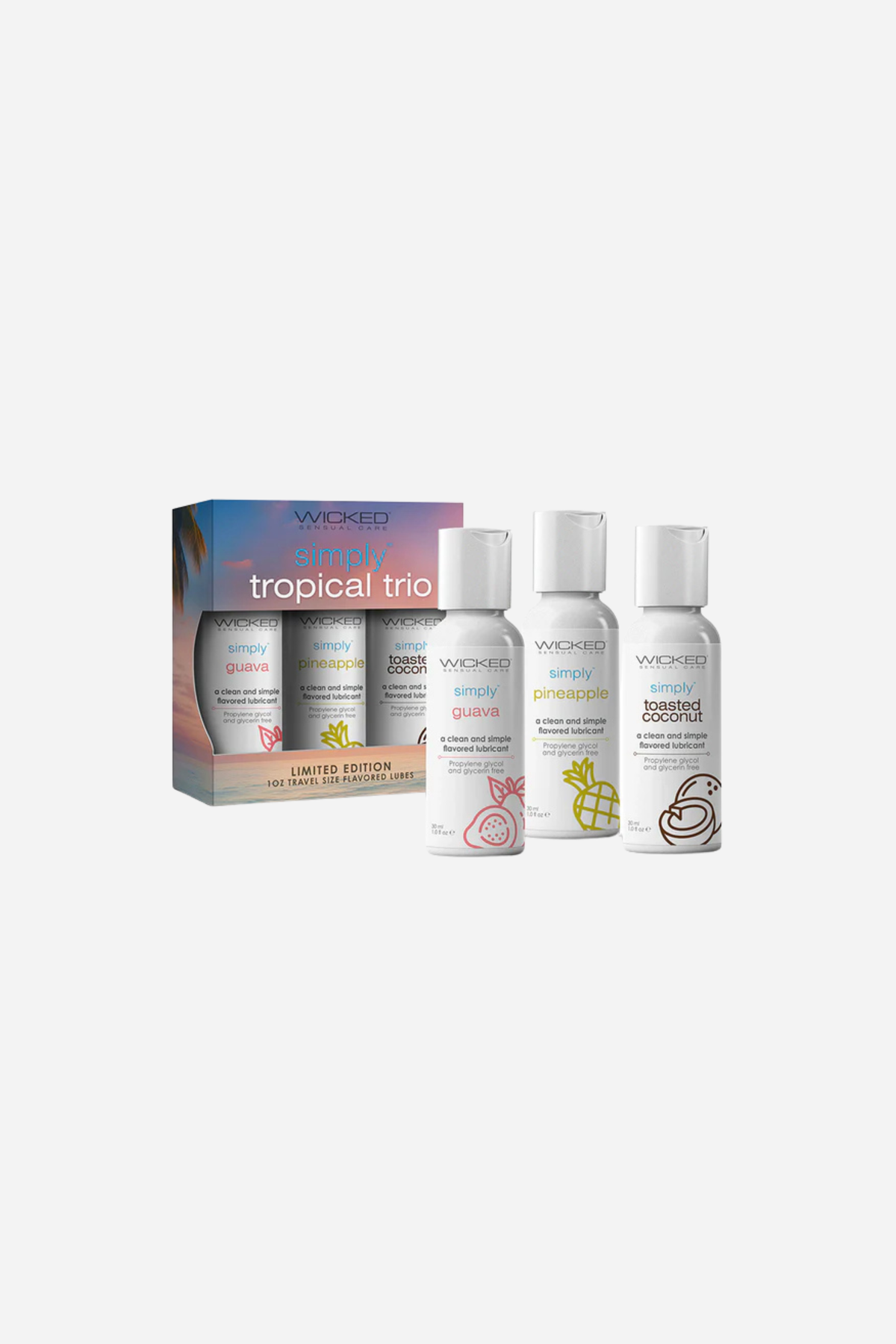 Wicked Simply Tropical Trio box with a sunset palm print beside three white 1 oz flavored lube bottles in guava, pineapple and toasted coconut