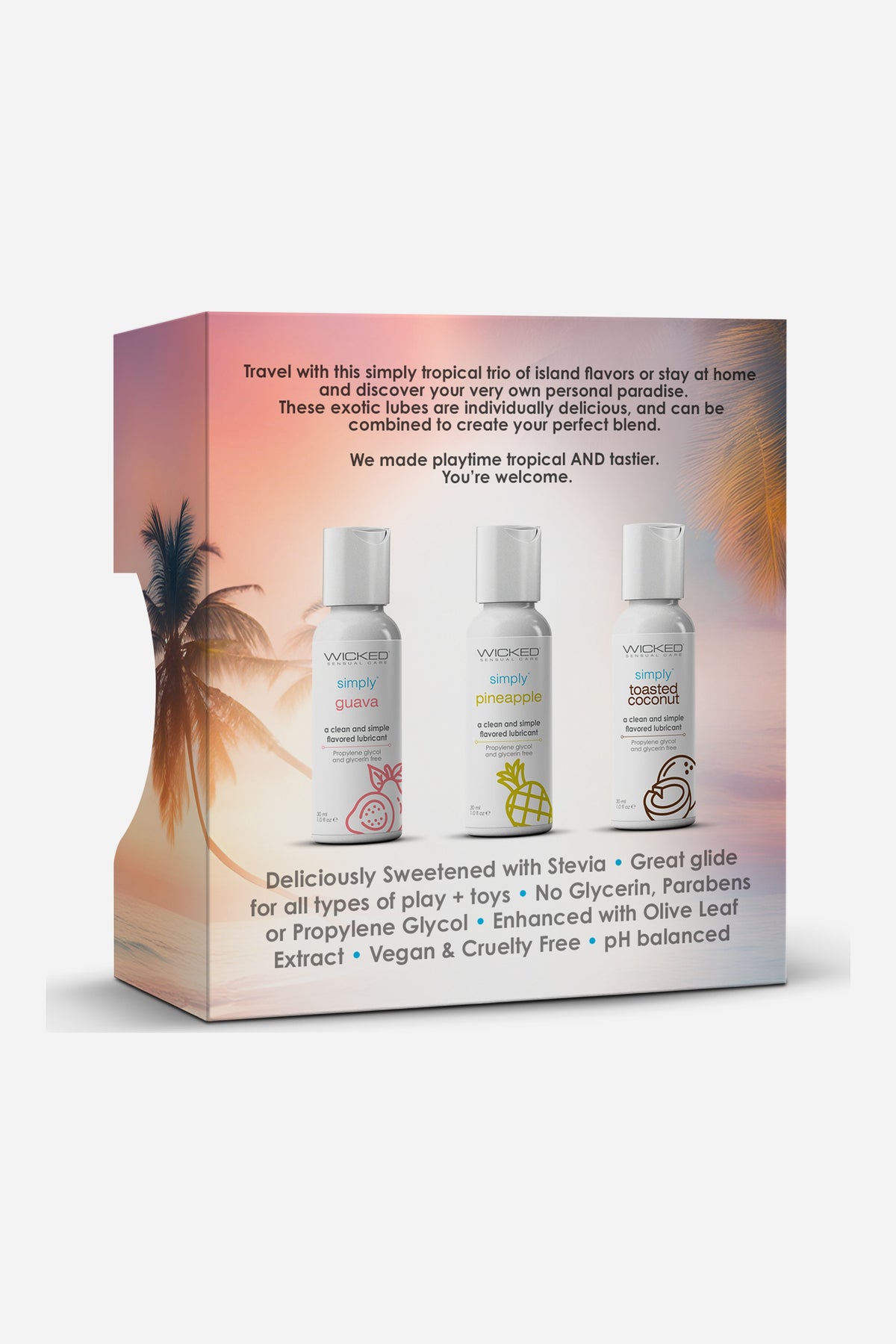 Back of the Wicked Simply Tropical Trio box with a sunset and palm tree print, product details text and a window showing the three lube bottles