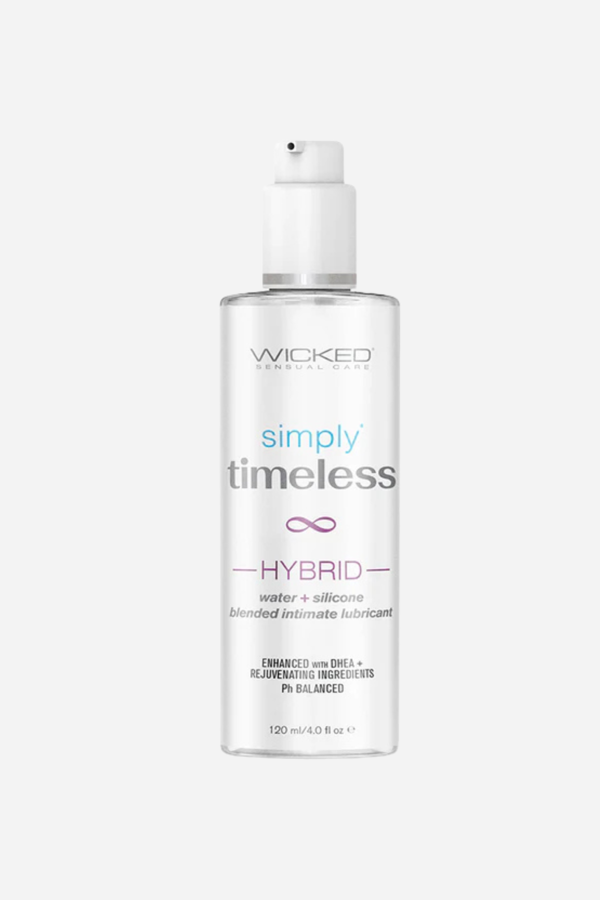 Wicked Simply Timeless Hybrid lubricant, a clear 120 ml pump bottle of water and silicone blend enhanced with DHEA and pH balanced.
