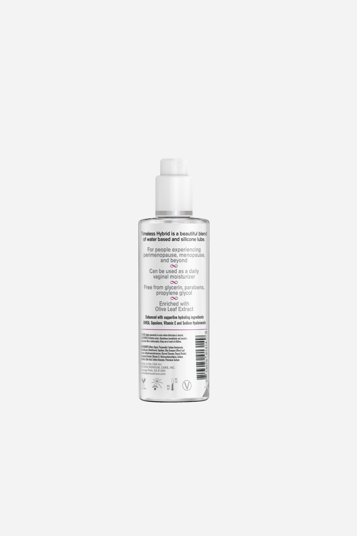 Back of the Wicked Simply Timeless Hybrid bottle, showing the full ingredient list, usage notes and barcode printed on the rear label.
