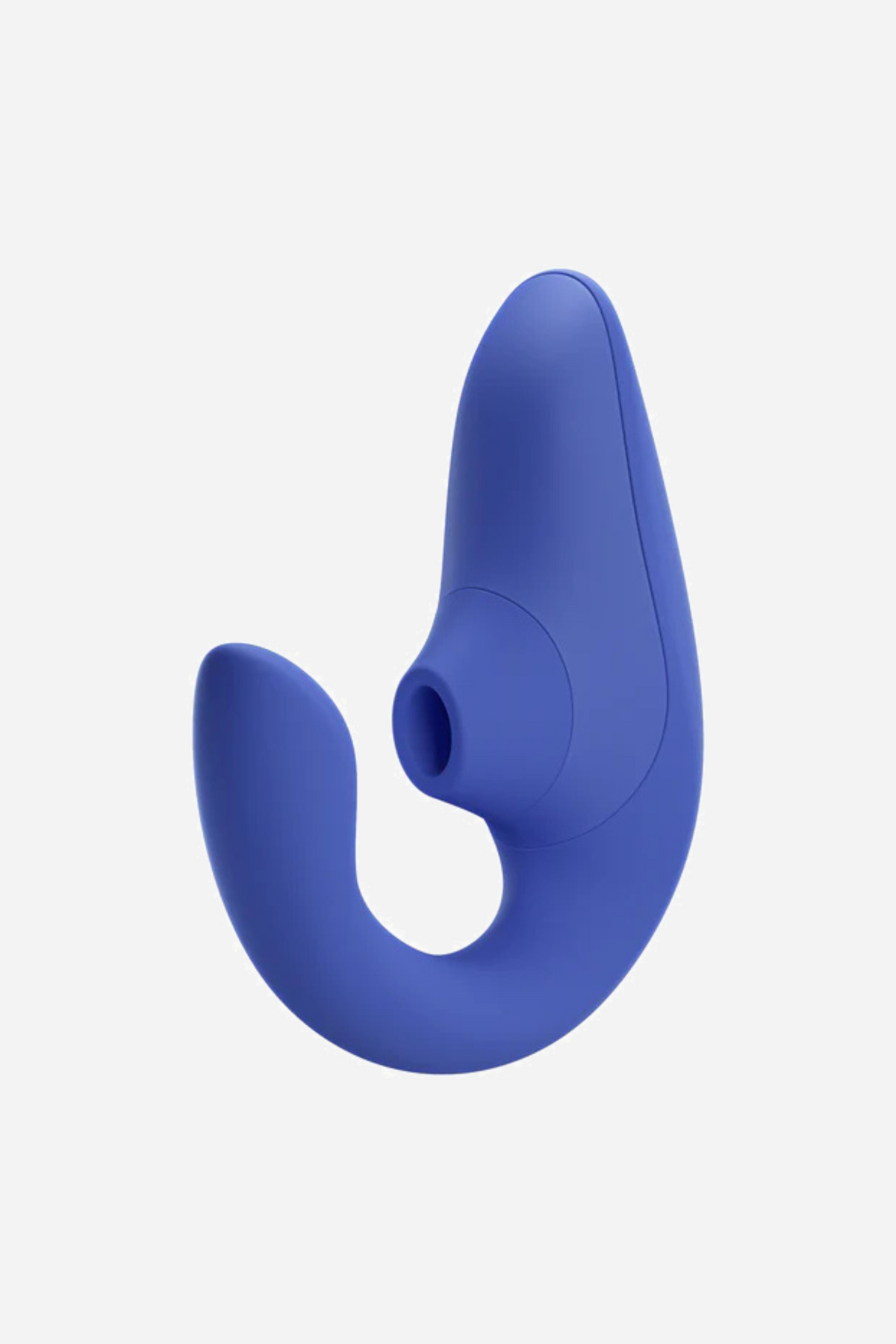Womanizer Blend rabbit vibrator in vibrant blue, front view showing the air-pulse nozzle and the hooked internal arm curving below it.